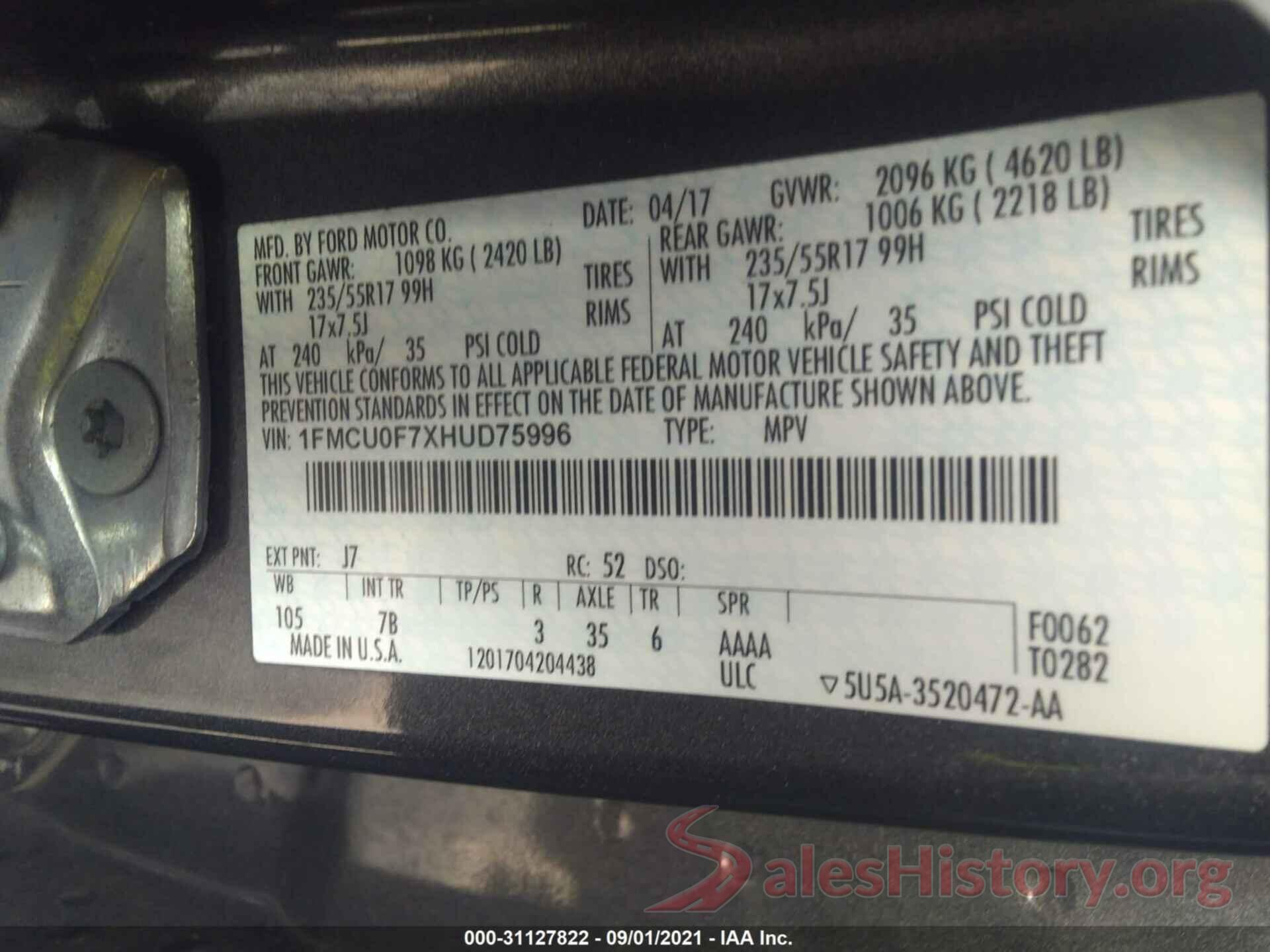 1FMCU0F7XHUD75996 2017 FORD ESCAPE