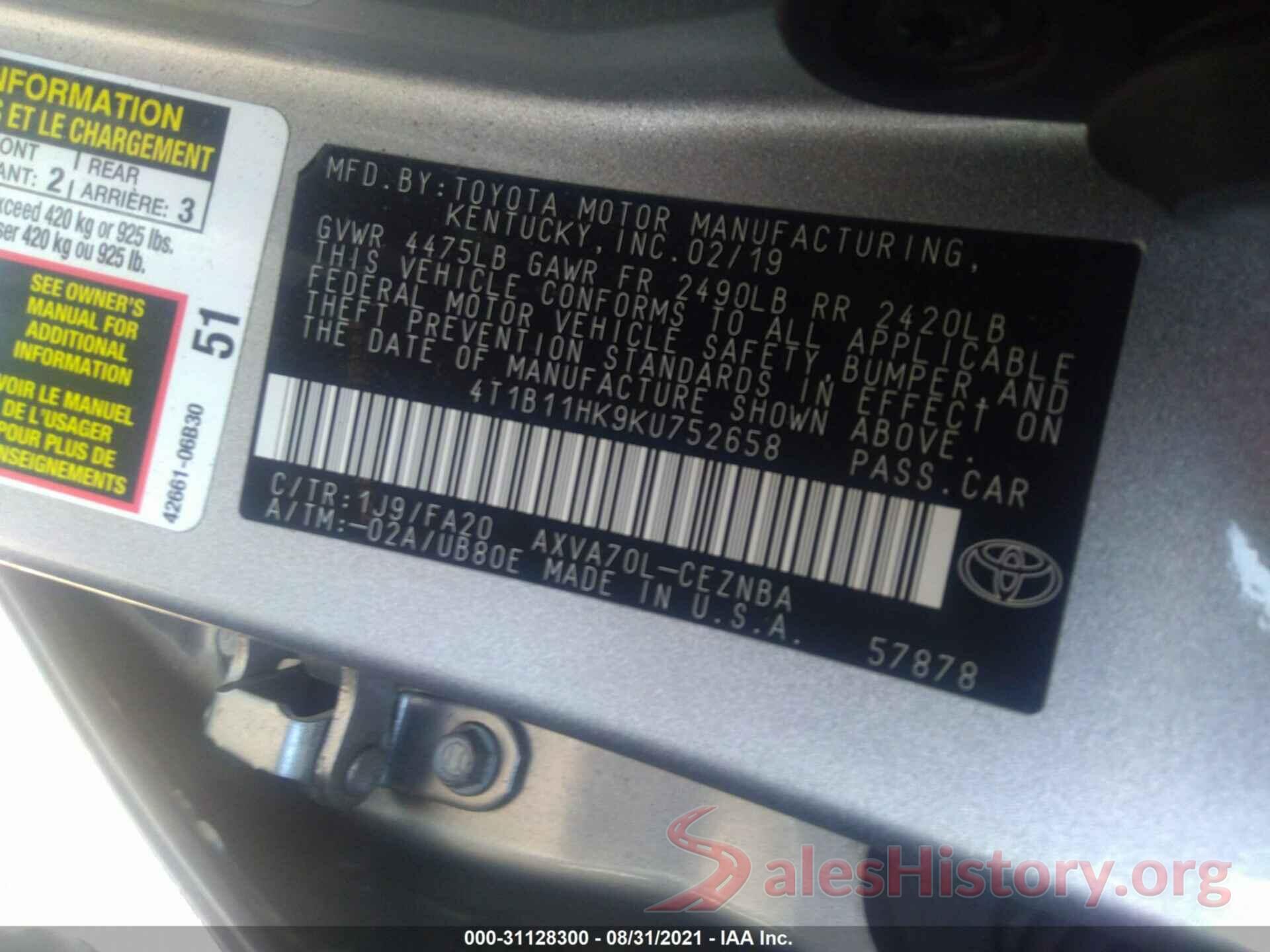 4T1B11HK9KU752658 2019 TOYOTA CAMRY