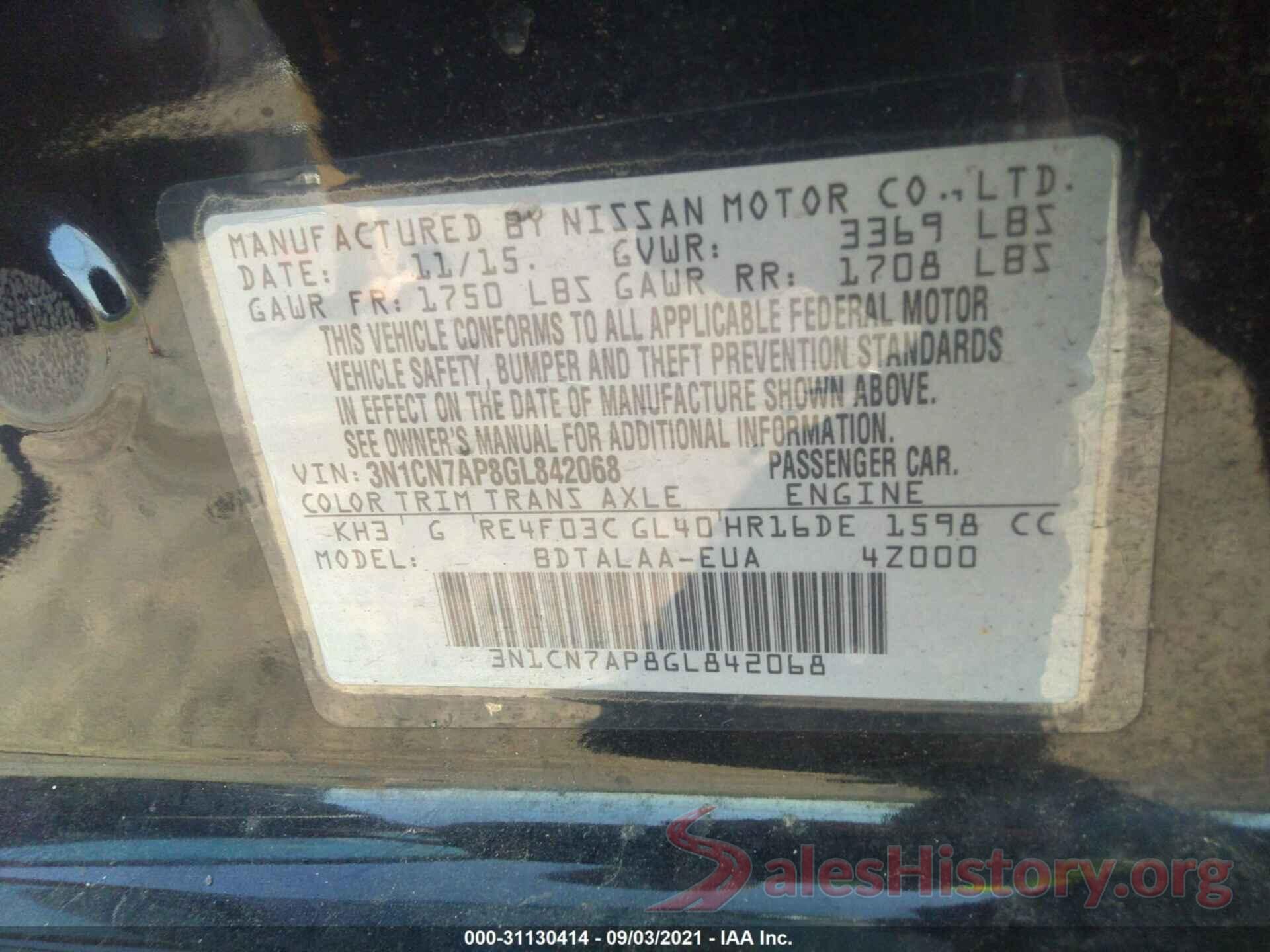 3N1CN7AP8GL842068 2016 NISSAN VERSA