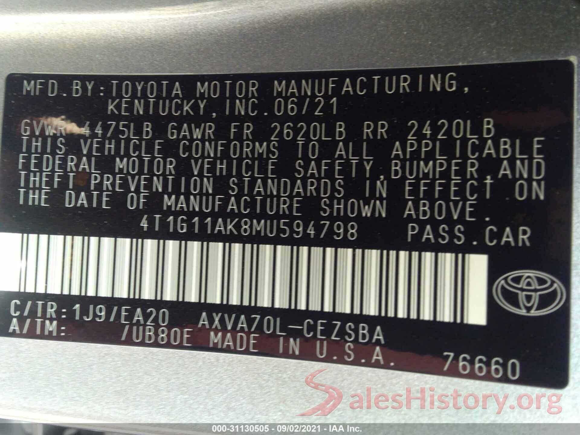 4T1G11AK8MU594798 2021 TOYOTA CAMRY