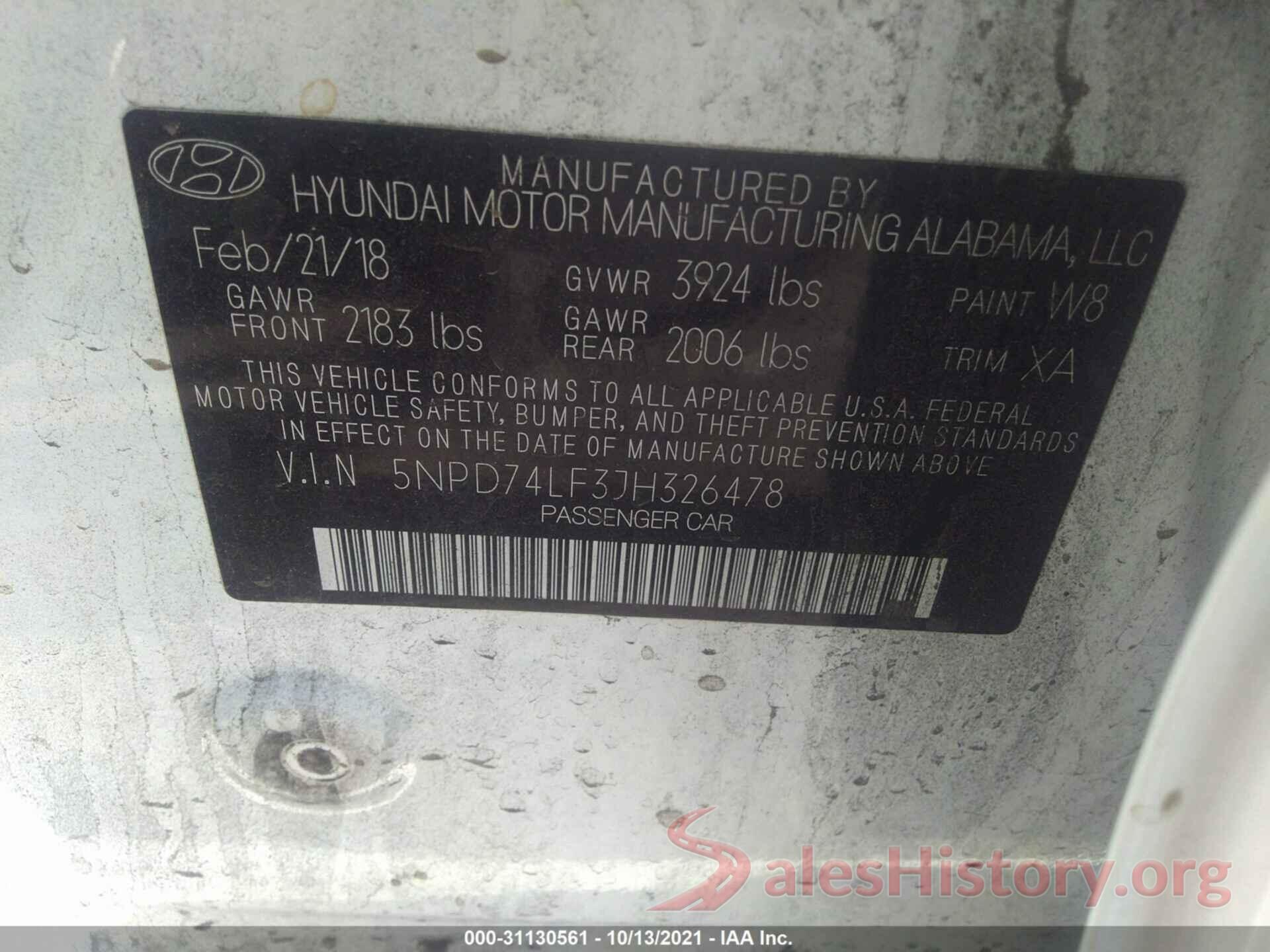 5NPD74LF3JH326478 2018 HYUNDAI ELANTRA