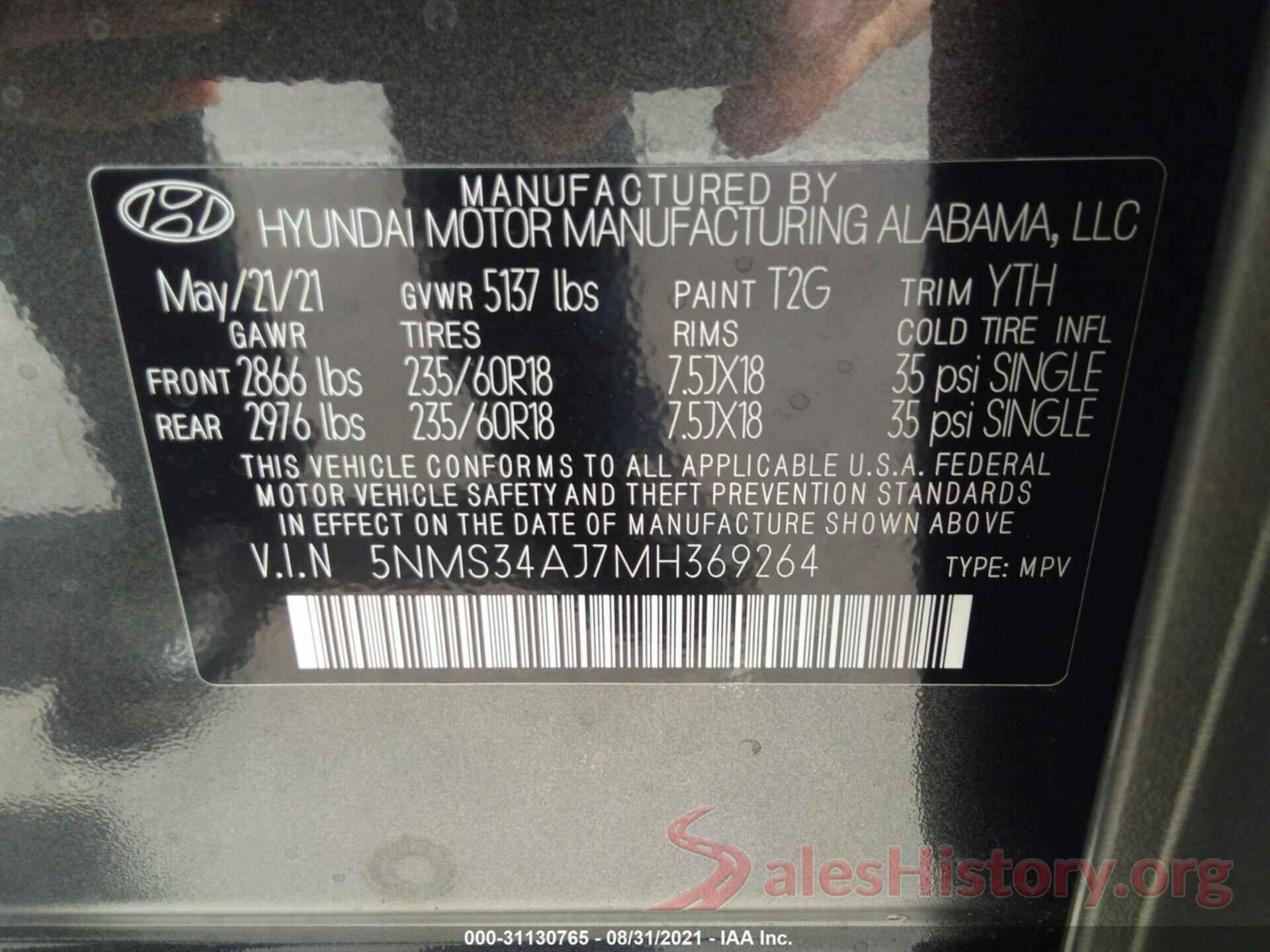 5NMS34AJ7MH369264 2021 HYUNDAI SANTA FE