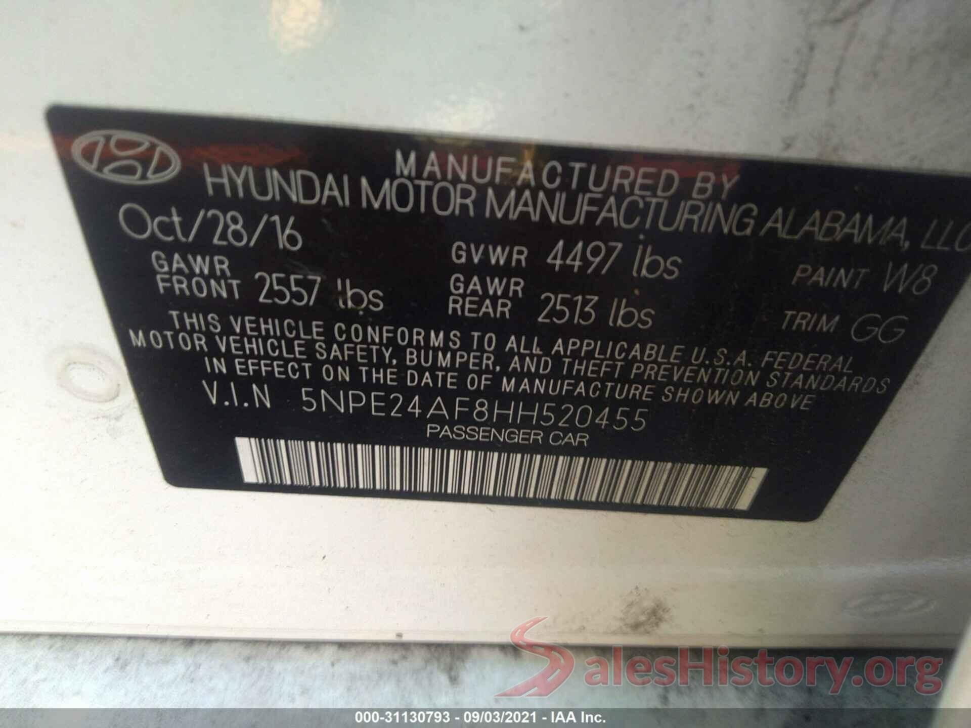 5NPE24AF8HH520455 2017 HYUNDAI SONATA