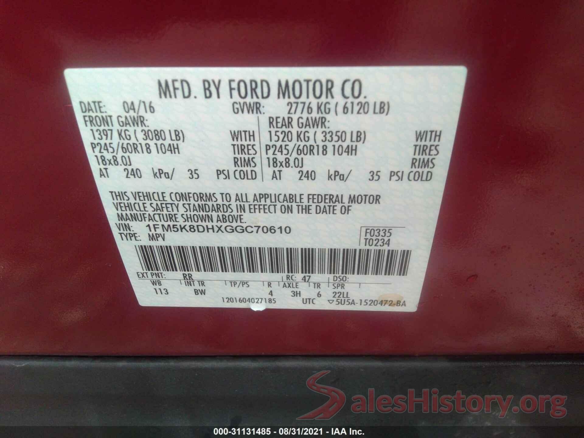 1FM5K8DHXGGC70610 2016 FORD EXPLORER