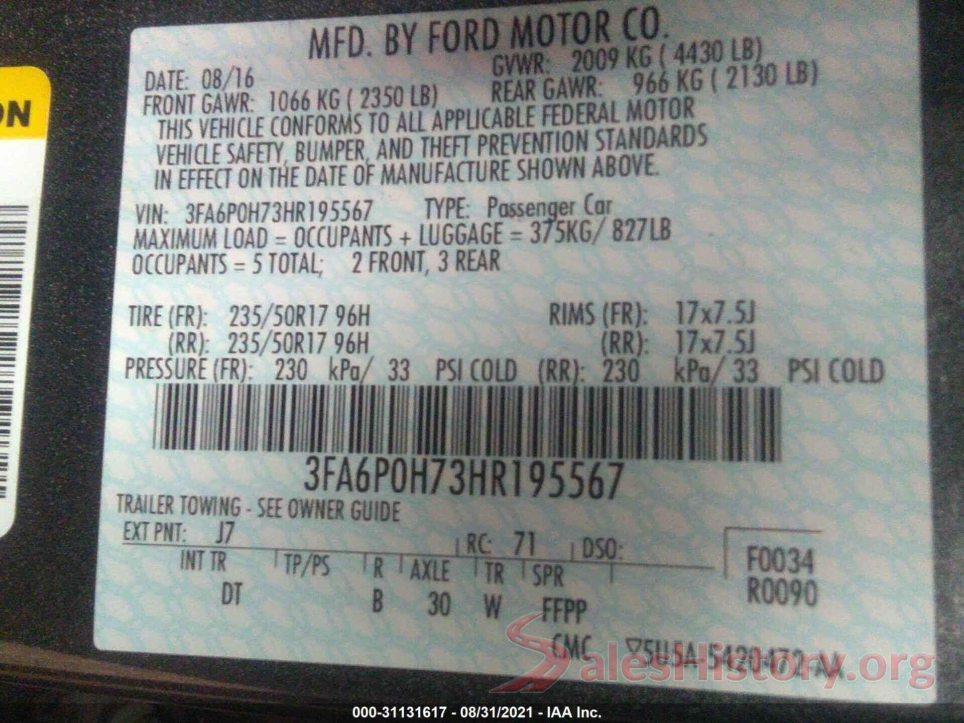 3FA6P0H73HR195567 2017 FORD FUSION