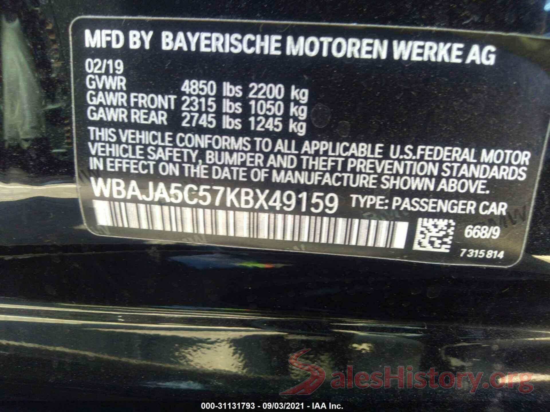 WBAJA5C57KBX49159 2019 BMW 5 SERIES