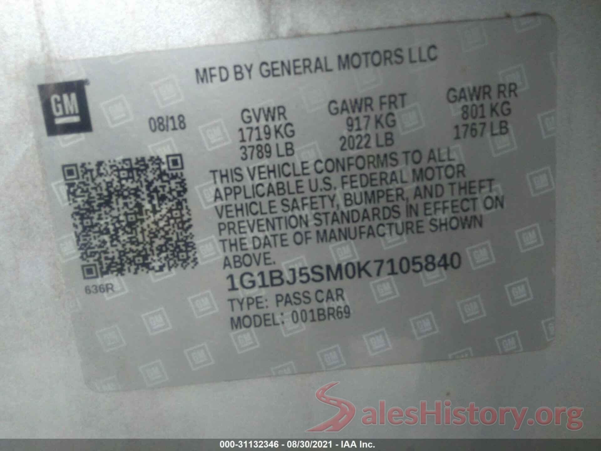 1G1BJ5SM0K7105840 2019 CHEVROLET CRUZE