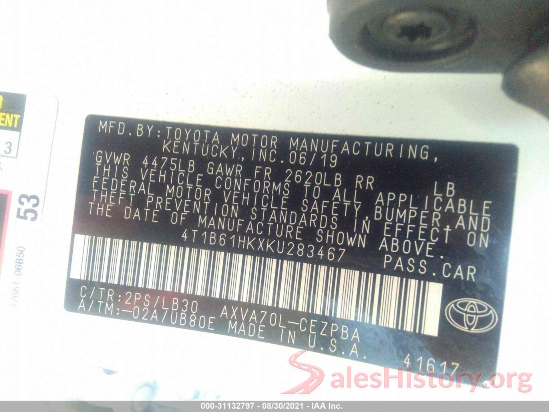 4T1B61HKXKU283467 2019 TOYOTA CAMRY