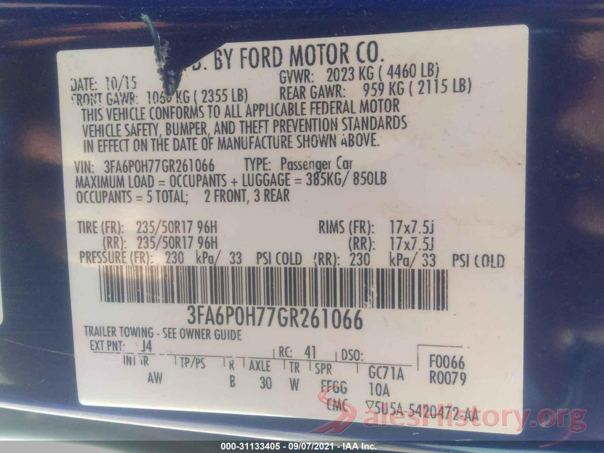 3FA6P0H77GR261066 2016 FORD FUSION