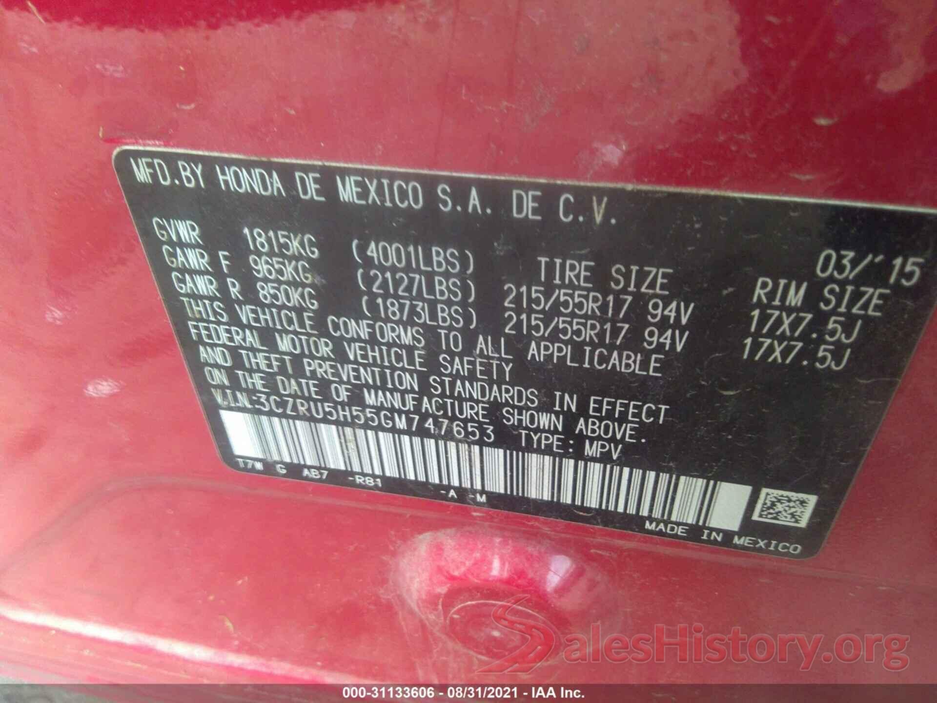 3CZRU5H55GM747653 2016 HONDA HR-V