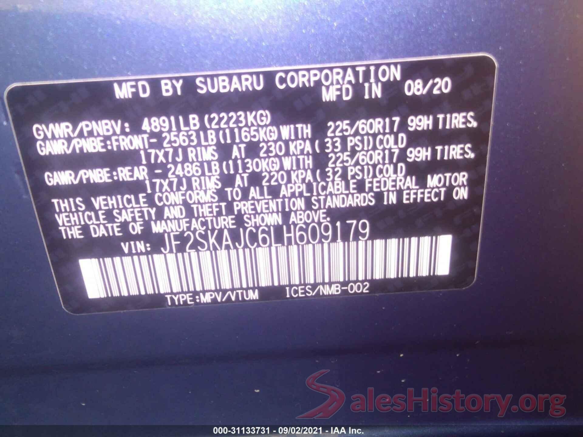 JF2SKAJC6LH609179 2020 SUBARU FORESTER