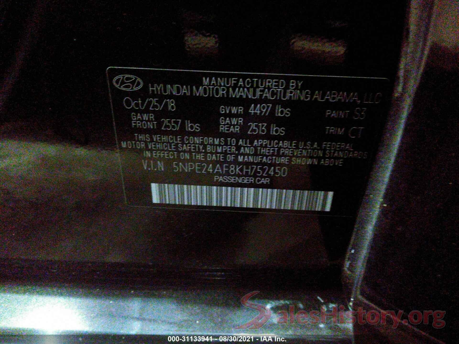 000E24AF8KH752450 2019 HYUNDAI SONATA