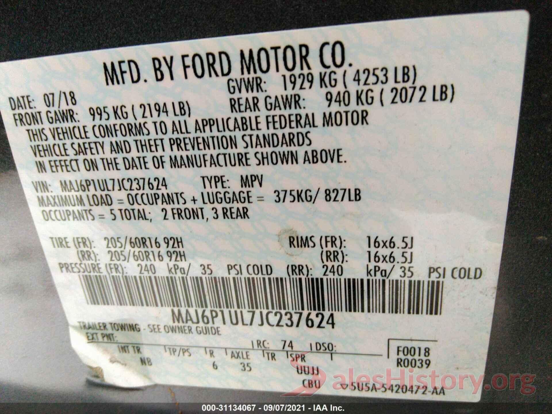 MAJ6P1UL7JC237624 2018 FORD ECOSPORT