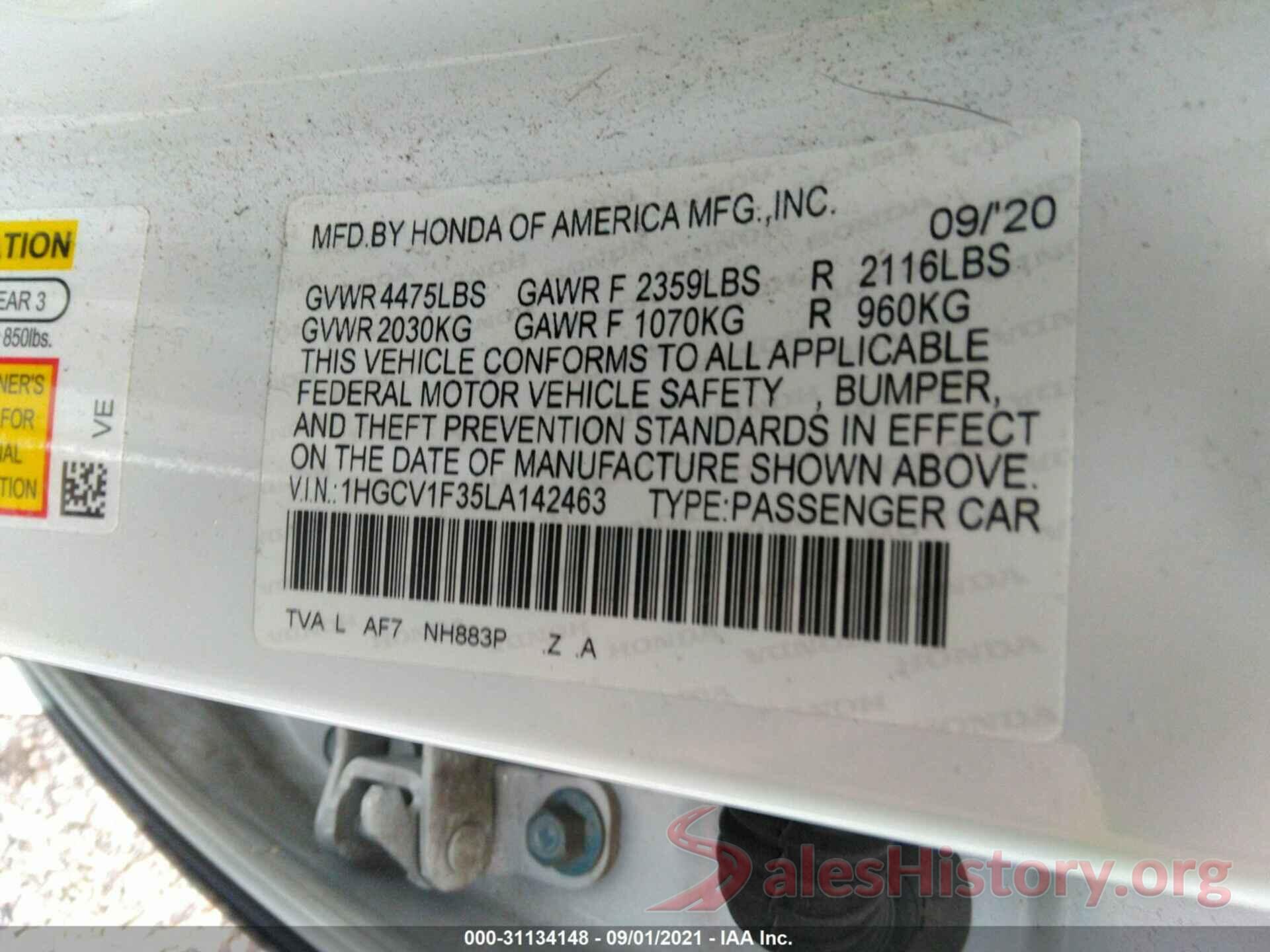 1HGCV1F35LA142463 2020 HONDA ACCORD SEDAN