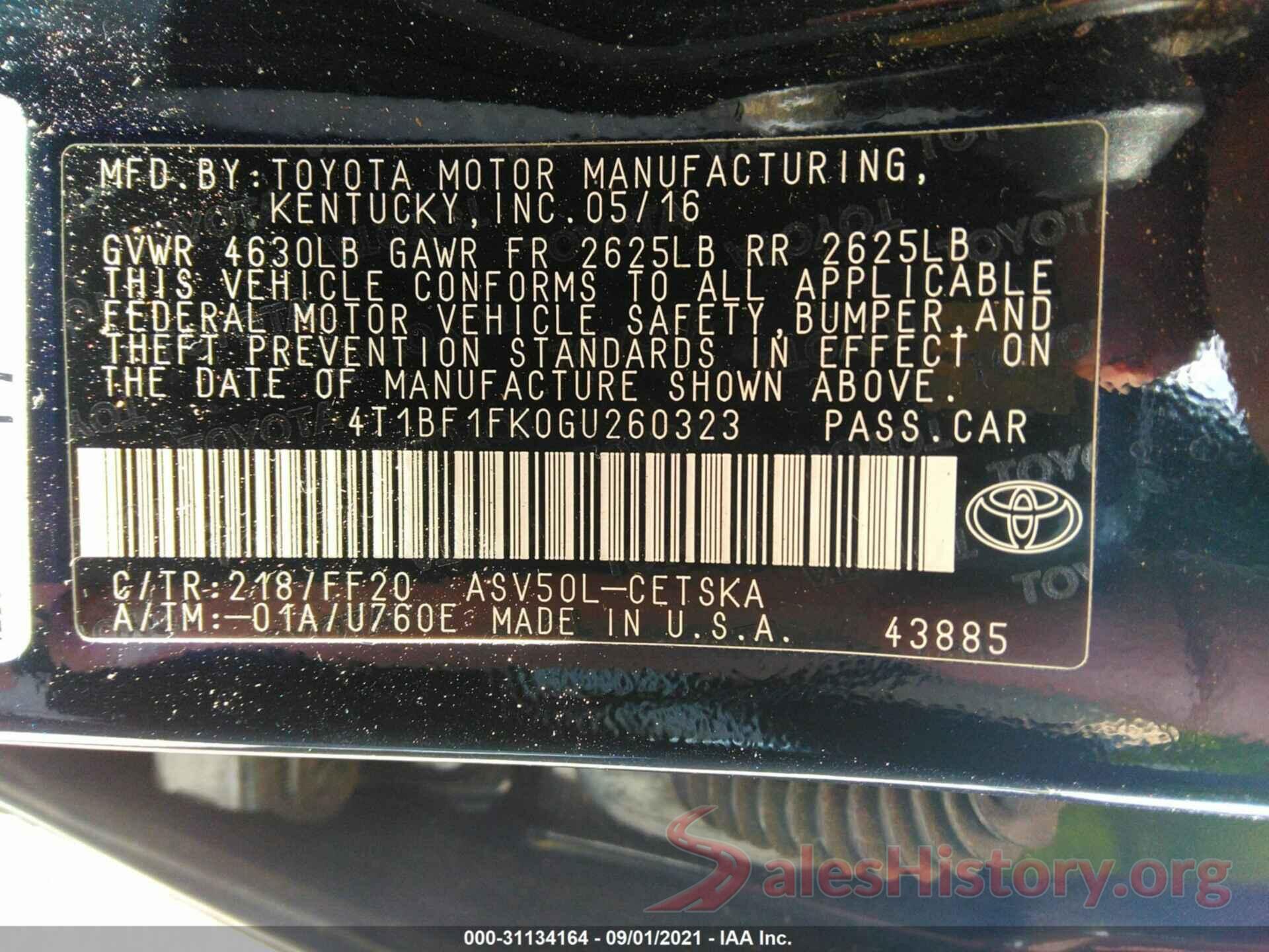 4T1BF1FK0GU260323 2016 TOYOTA CAMRY