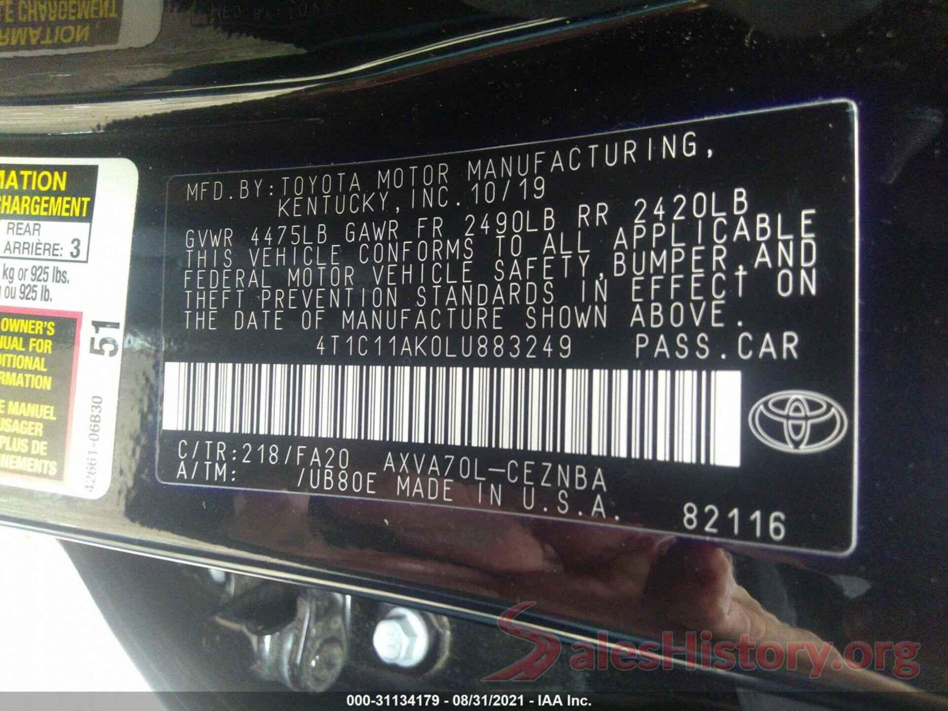 4T1C11AK0LU883249 2020 TOYOTA CAMRY