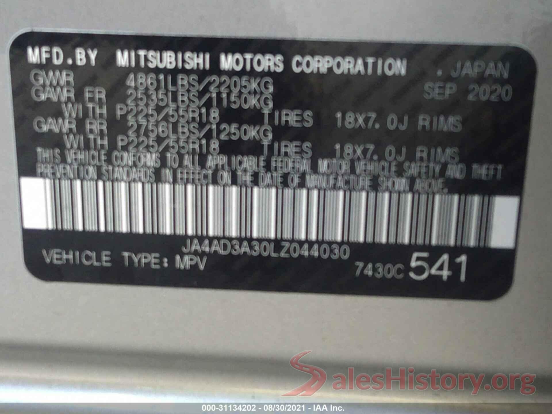 JA4AD3A30LZ044030 2020 MITSUBISHI OUTLANDER