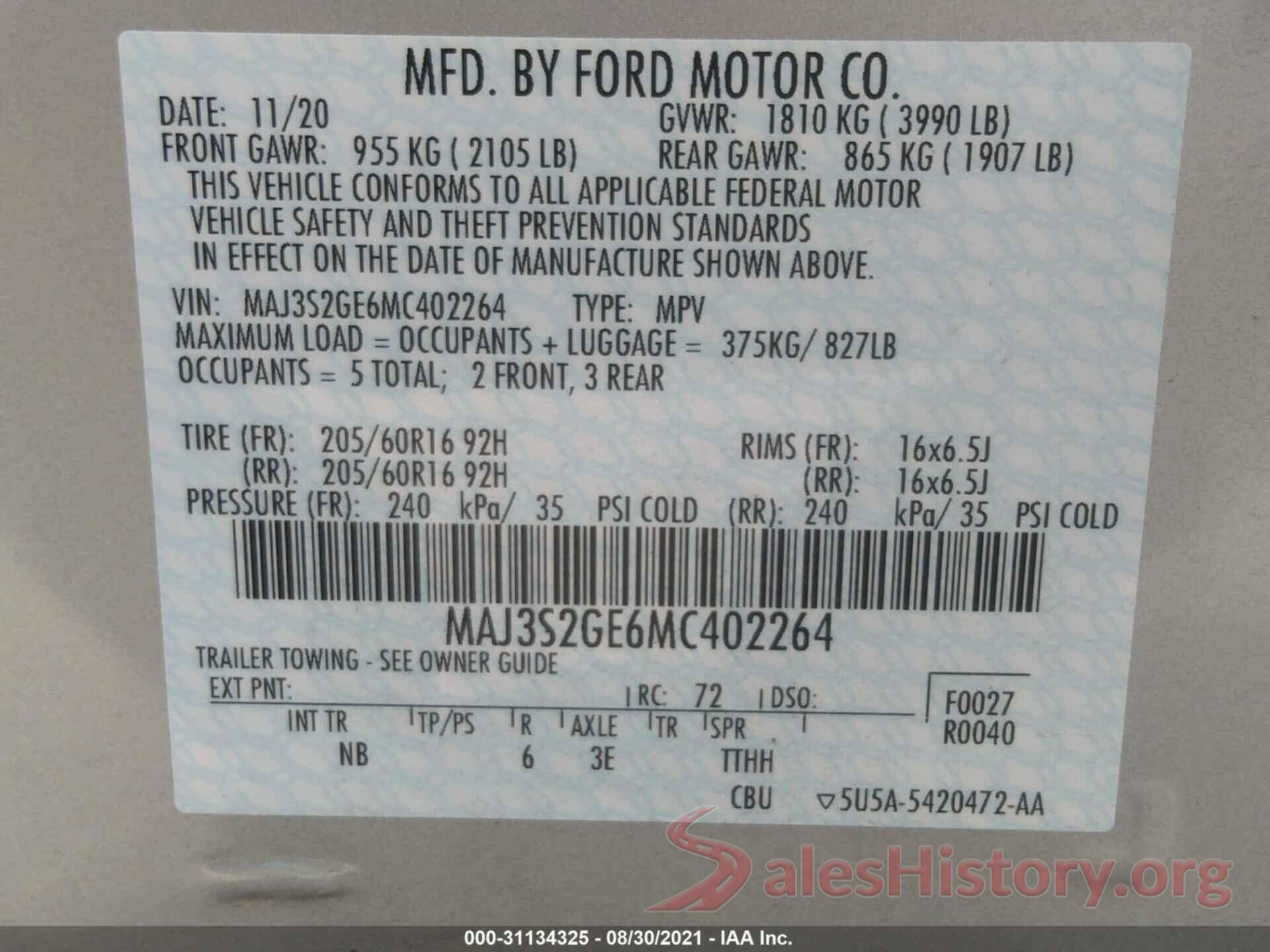 MAJ3S2GE6MC402264 2021 FORD ECOSPORT