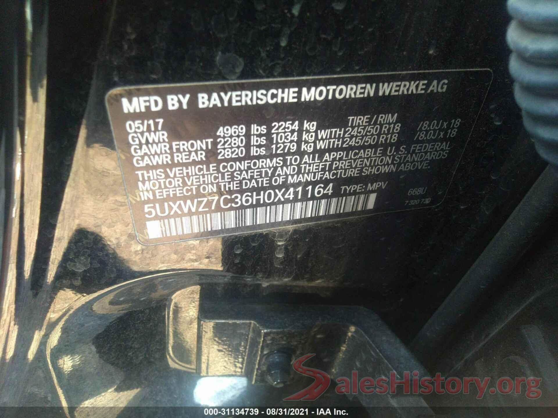 5UXWZ7C36H0X41164 2017 BMW X3