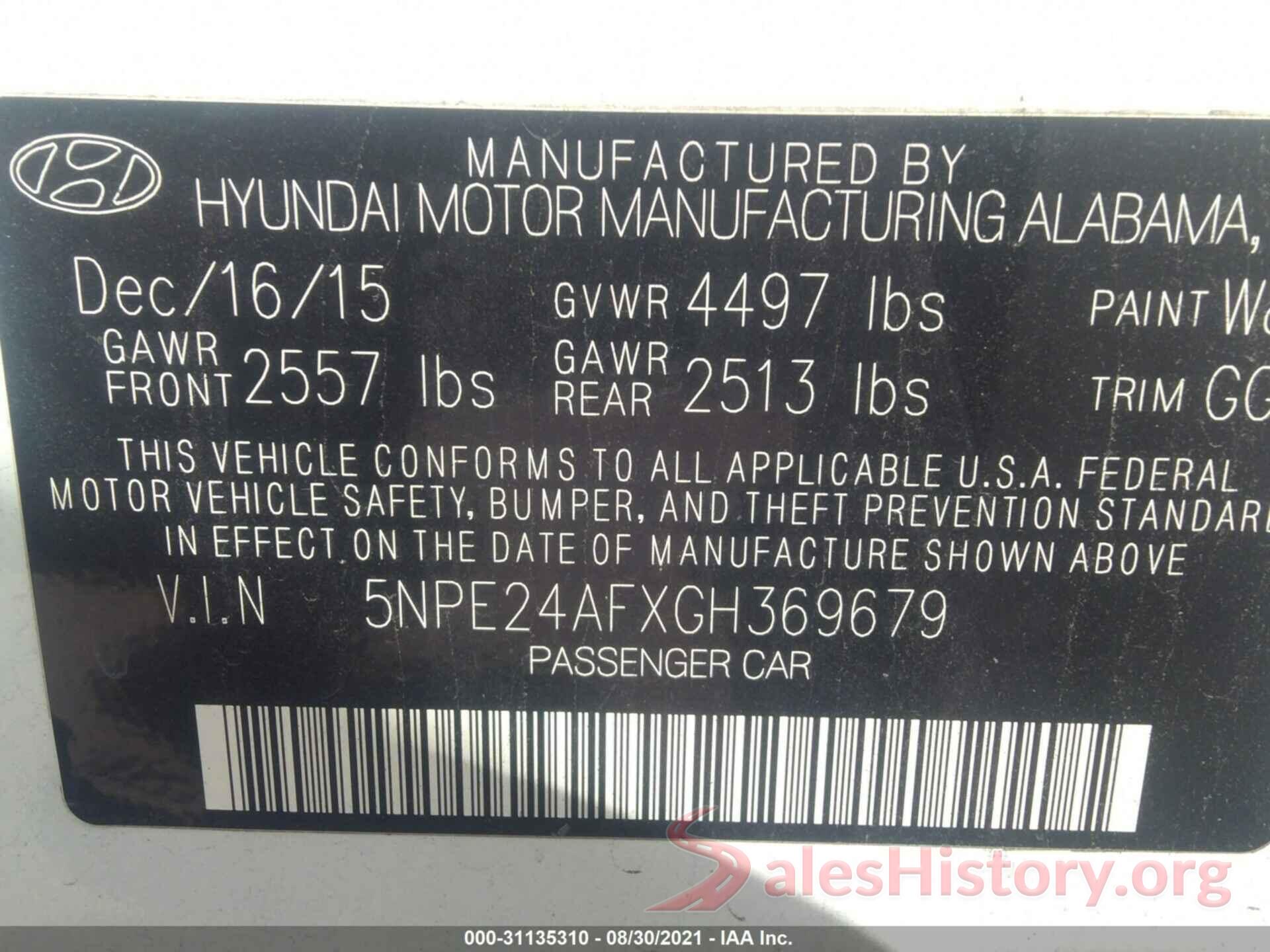 5NPE24AFXGH369679 2016 HYUNDAI SONATA