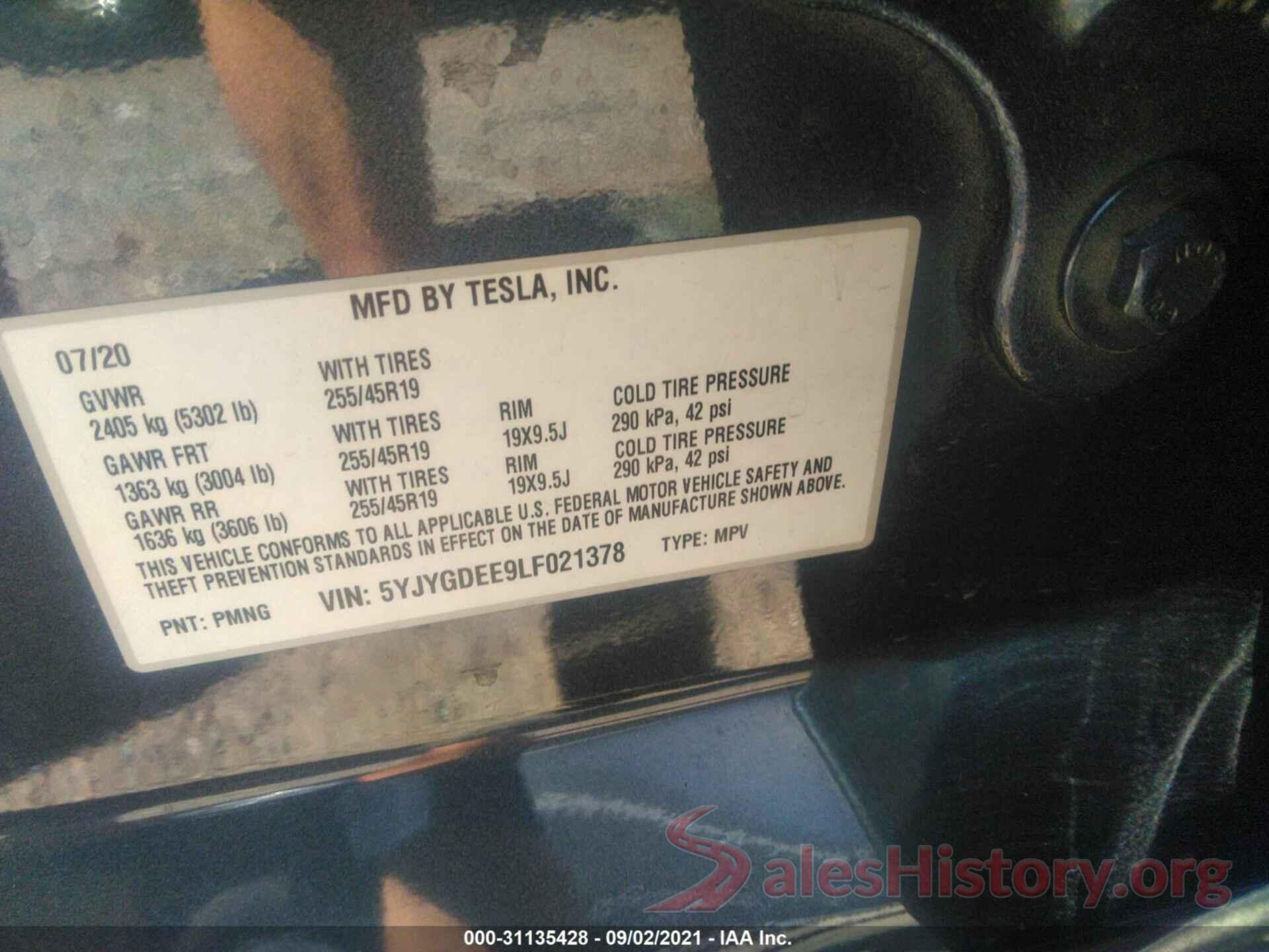 5YJYGDEE9LF021378 2020 TESLA MODEL Y