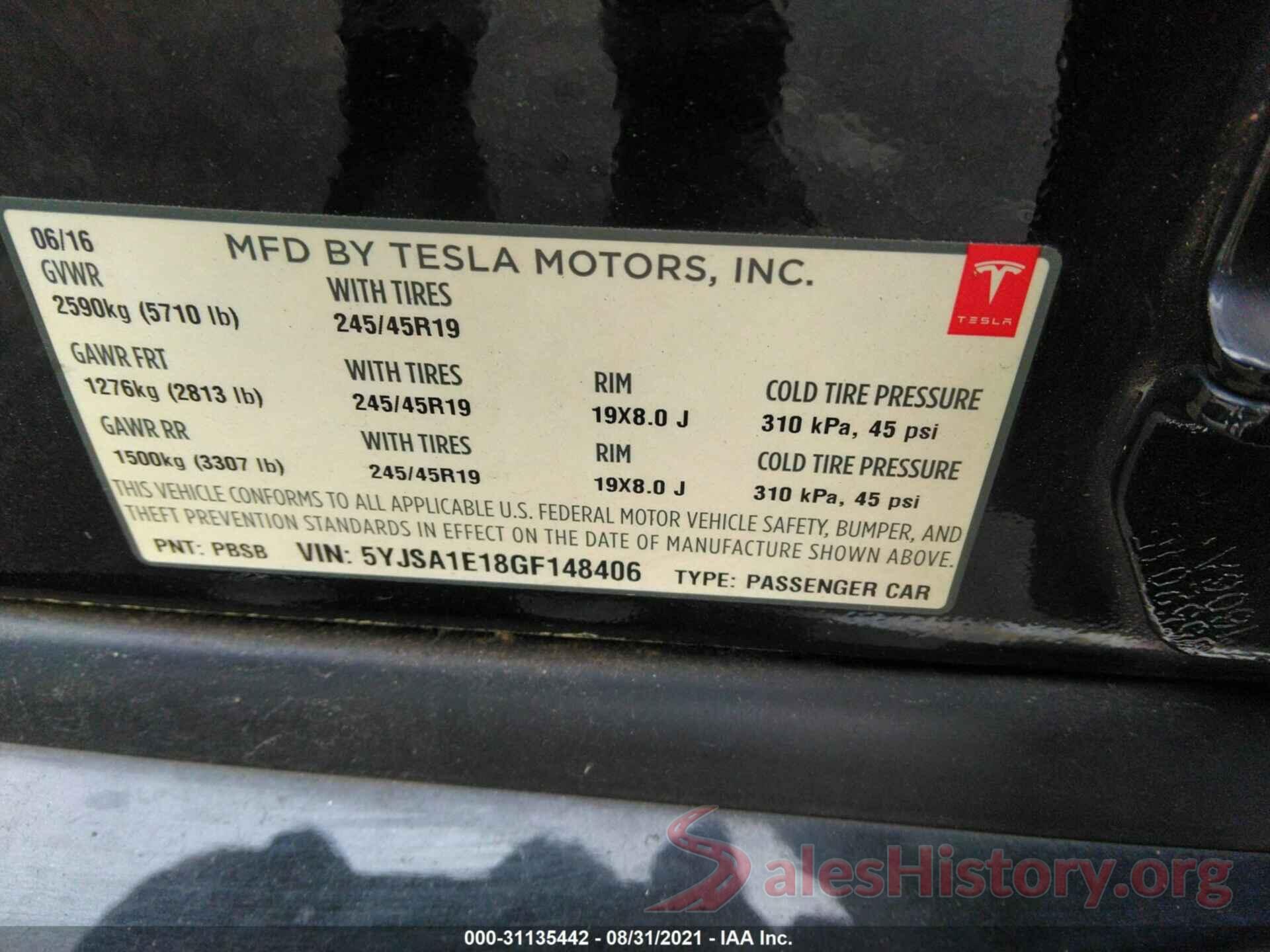 5YJSA1E18GF148406 2016 TESLA MODEL S