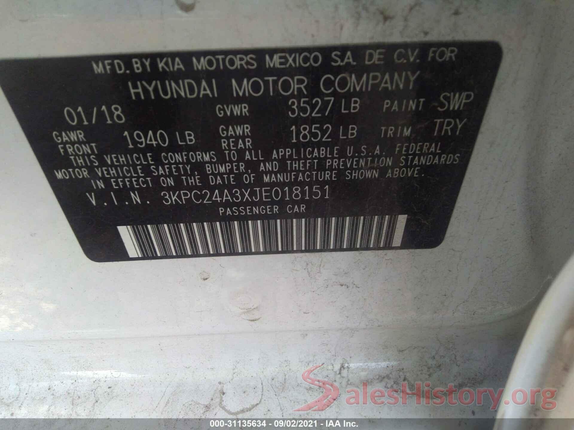 3KPC24A3XJE018151 2018 HYUNDAI ACCENT