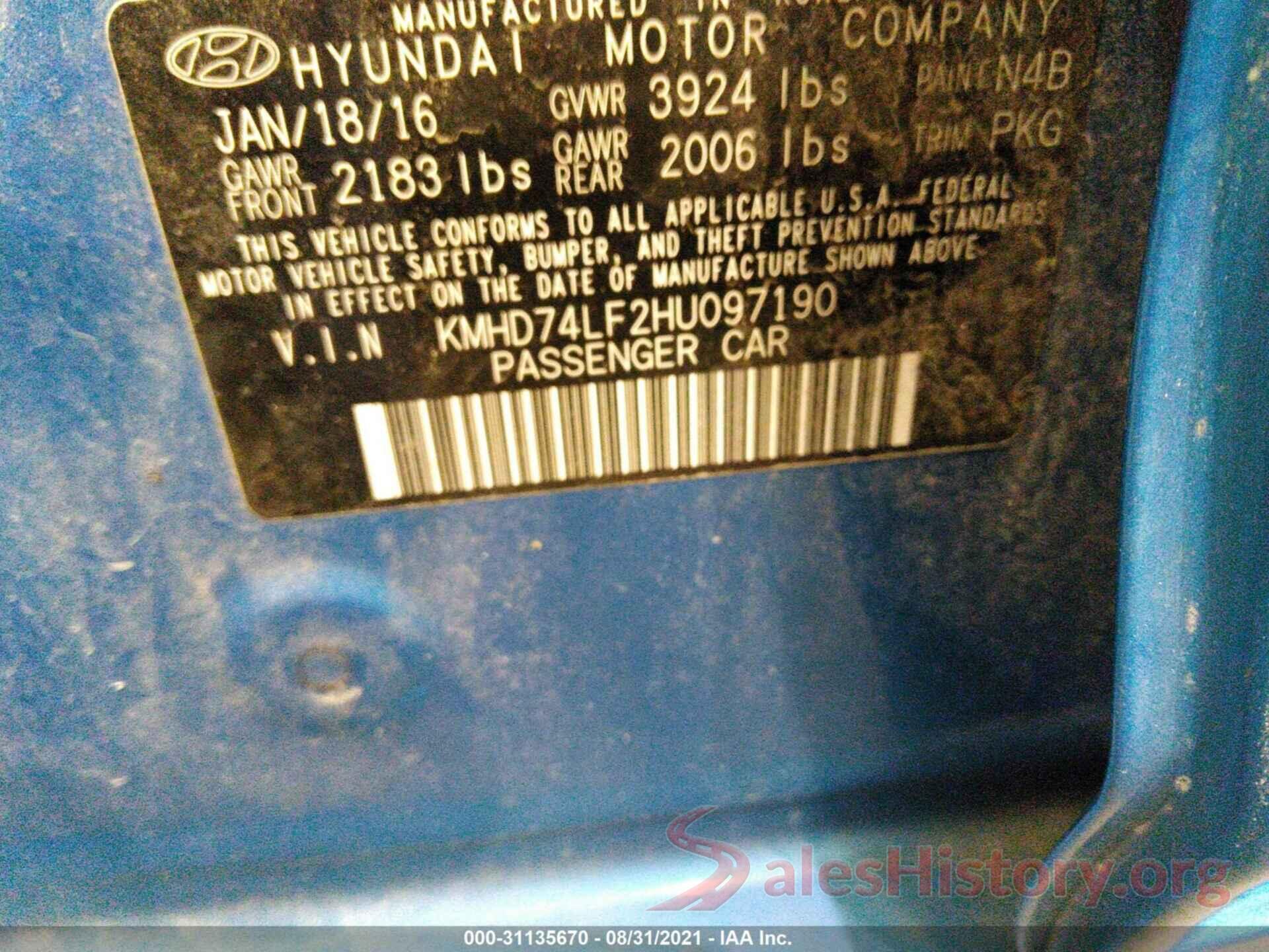 000D74LF2HU097190 2017 HYUNDAI ELANTRA