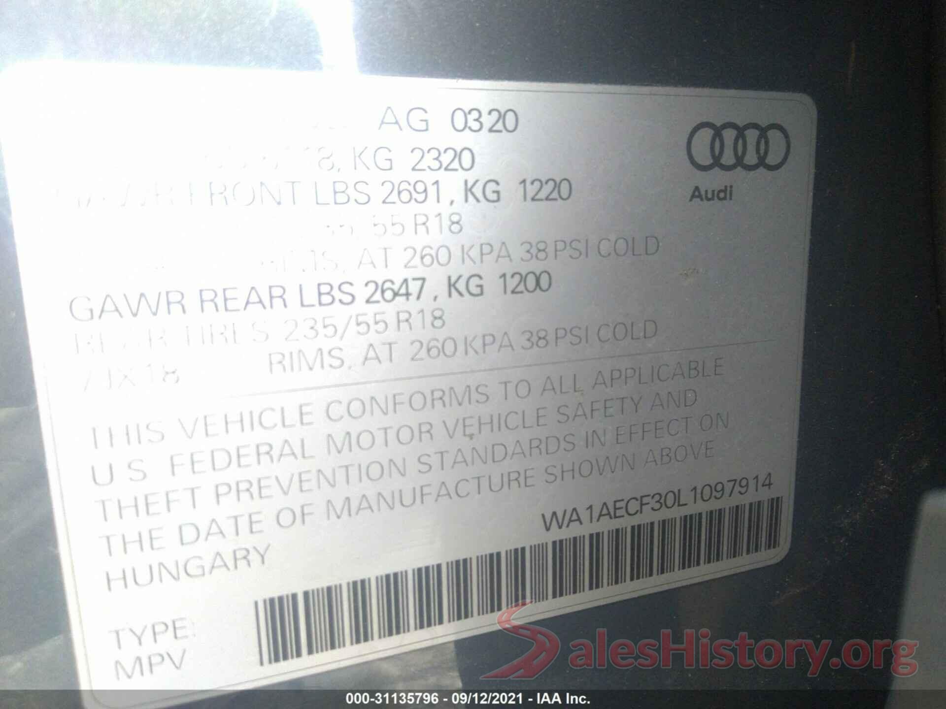 WA1AECF30L1097914 2020 AUDI Q3