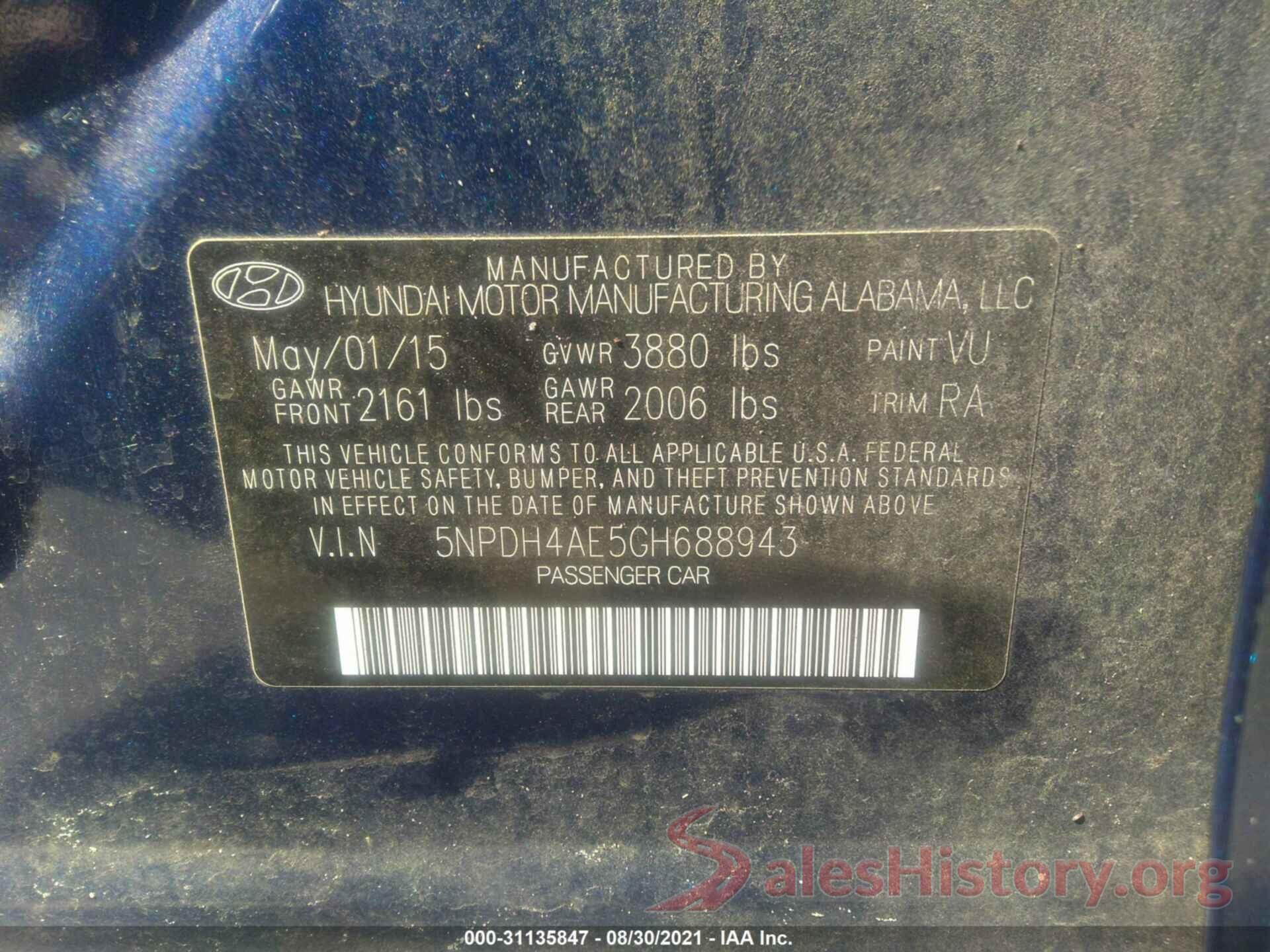 5NPDH4AE5GH688943 2016 HYUNDAI ELANTRA