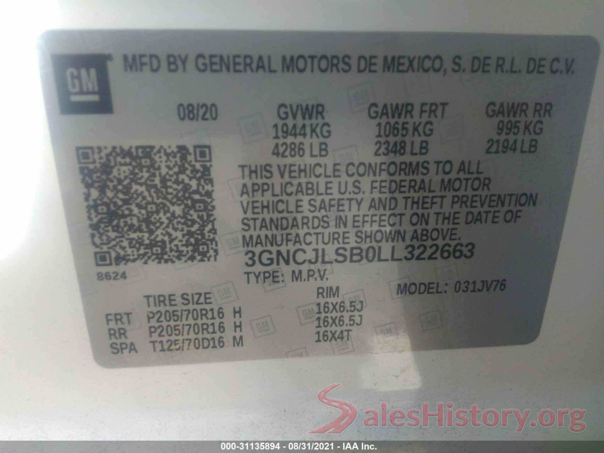 3GNCJLSB0LL322663 2020 CHEVROLET TRAX