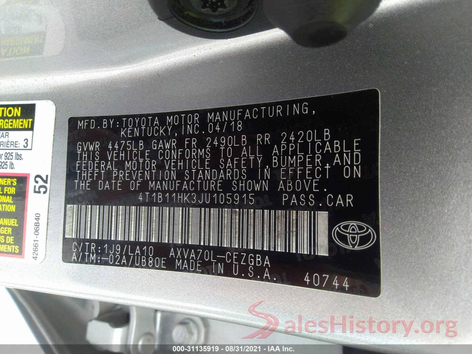 4T1B11HK3JU105915 2018 TOYOTA CAMRY