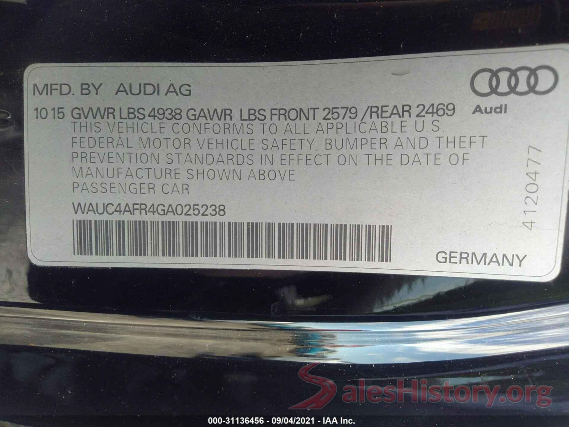 WAUC4AFR4GA025238 2016 AUDI S5