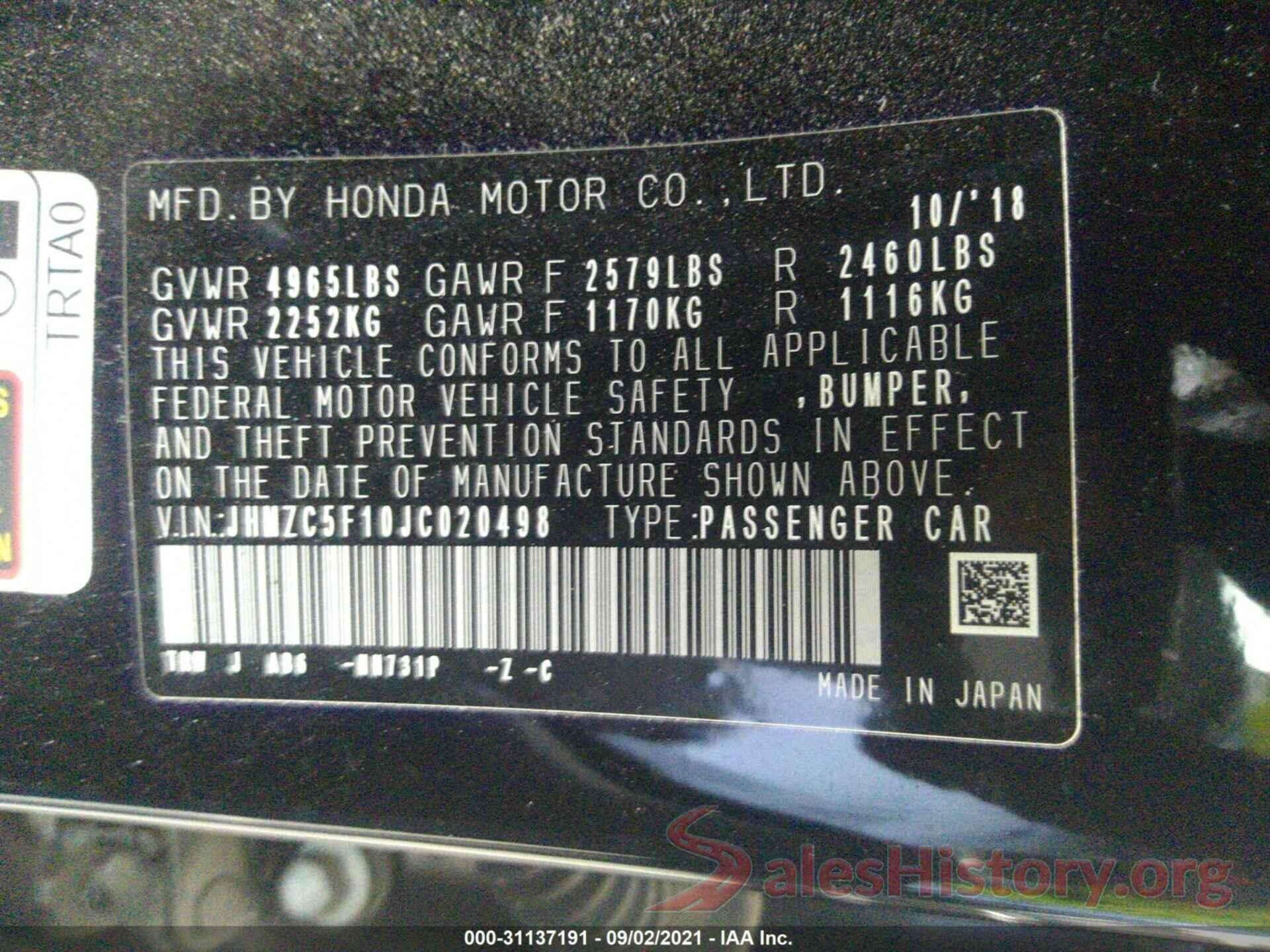 JHMZC5F10JC020498 2018 HONDA CLARITY PLUG-IN HYBRID