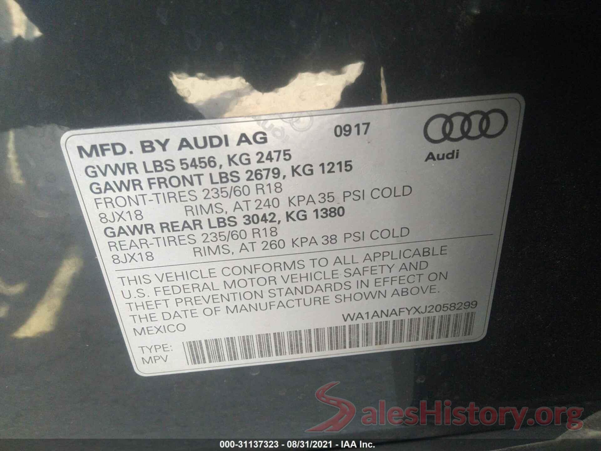 WA1ANAFYXJ2058299 2018 AUDI Q5