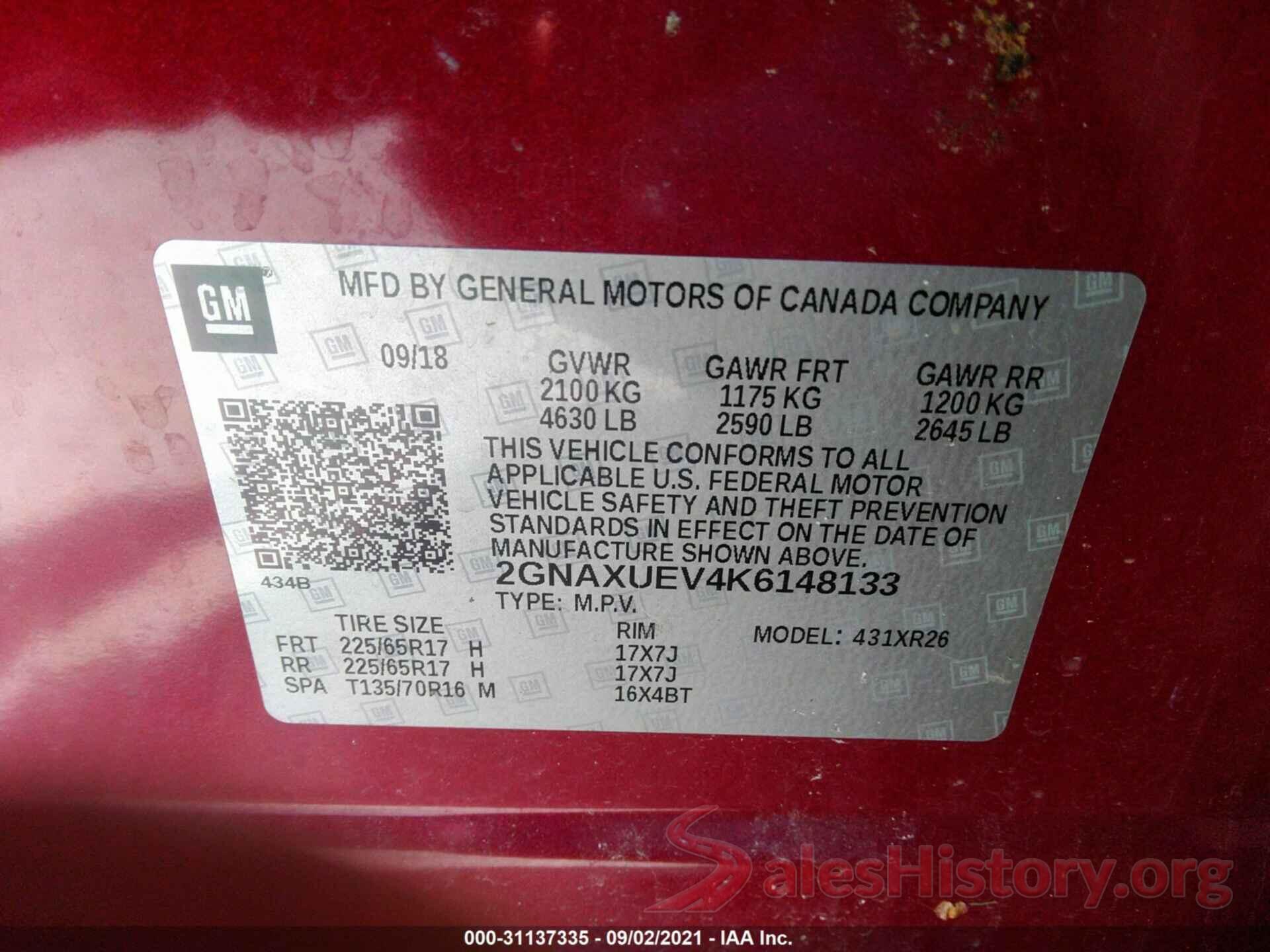 2GNAXUEV4K6148133 2019 CHEVROLET EQUINOX