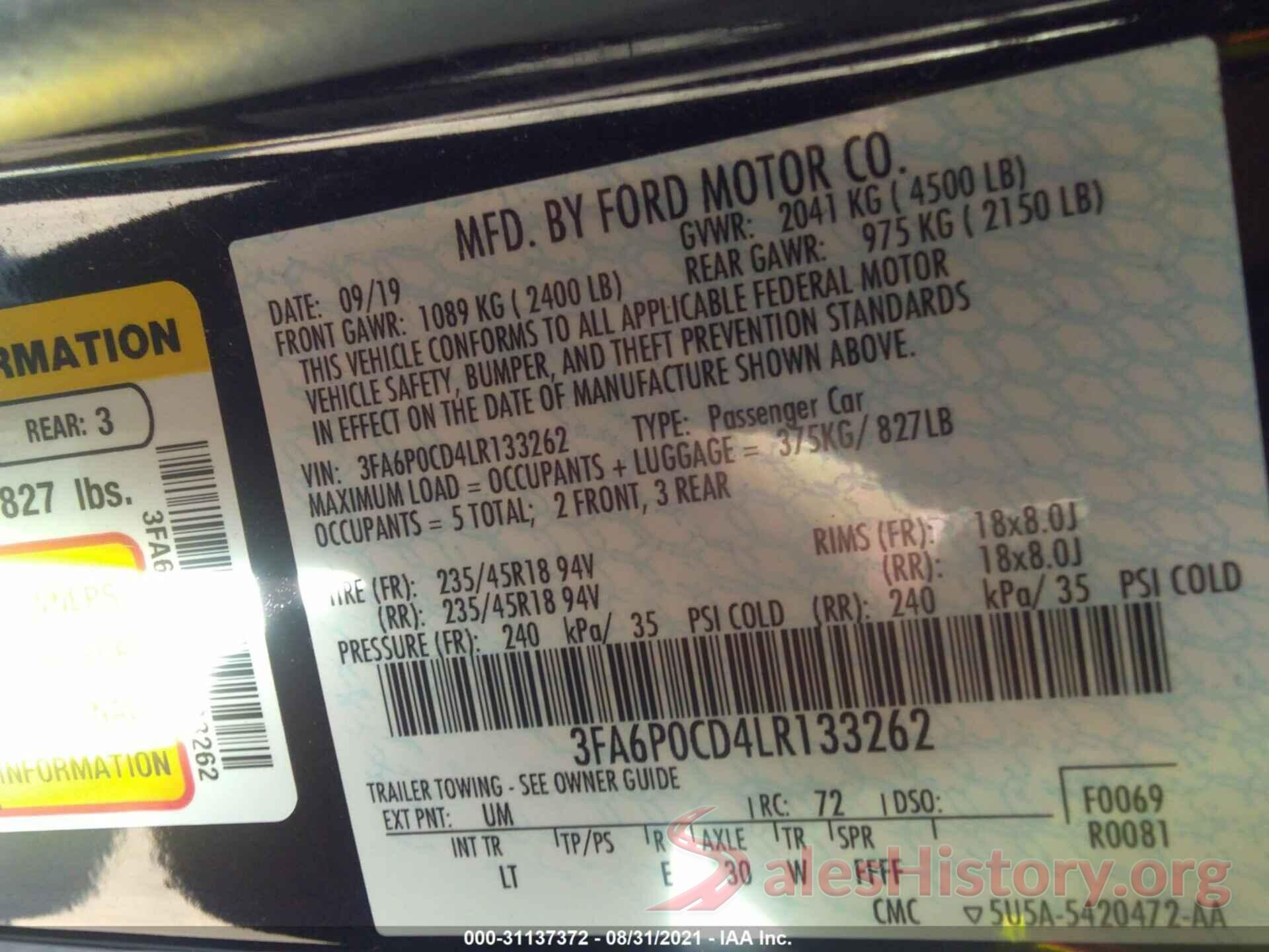 3FA6P0CD4LR133262 2020 FORD FUSION