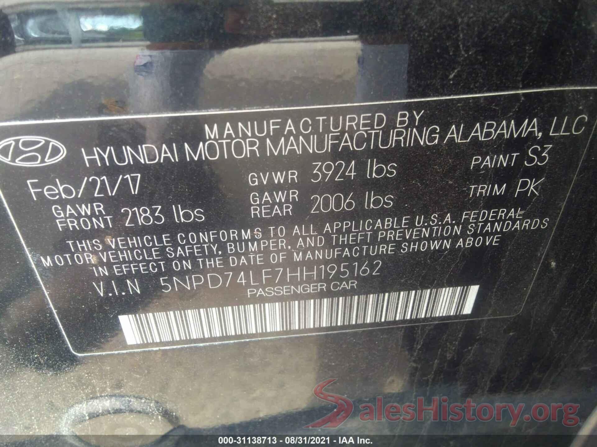 5NPD74LF7HH195162 2017 HYUNDAI ELANTRA