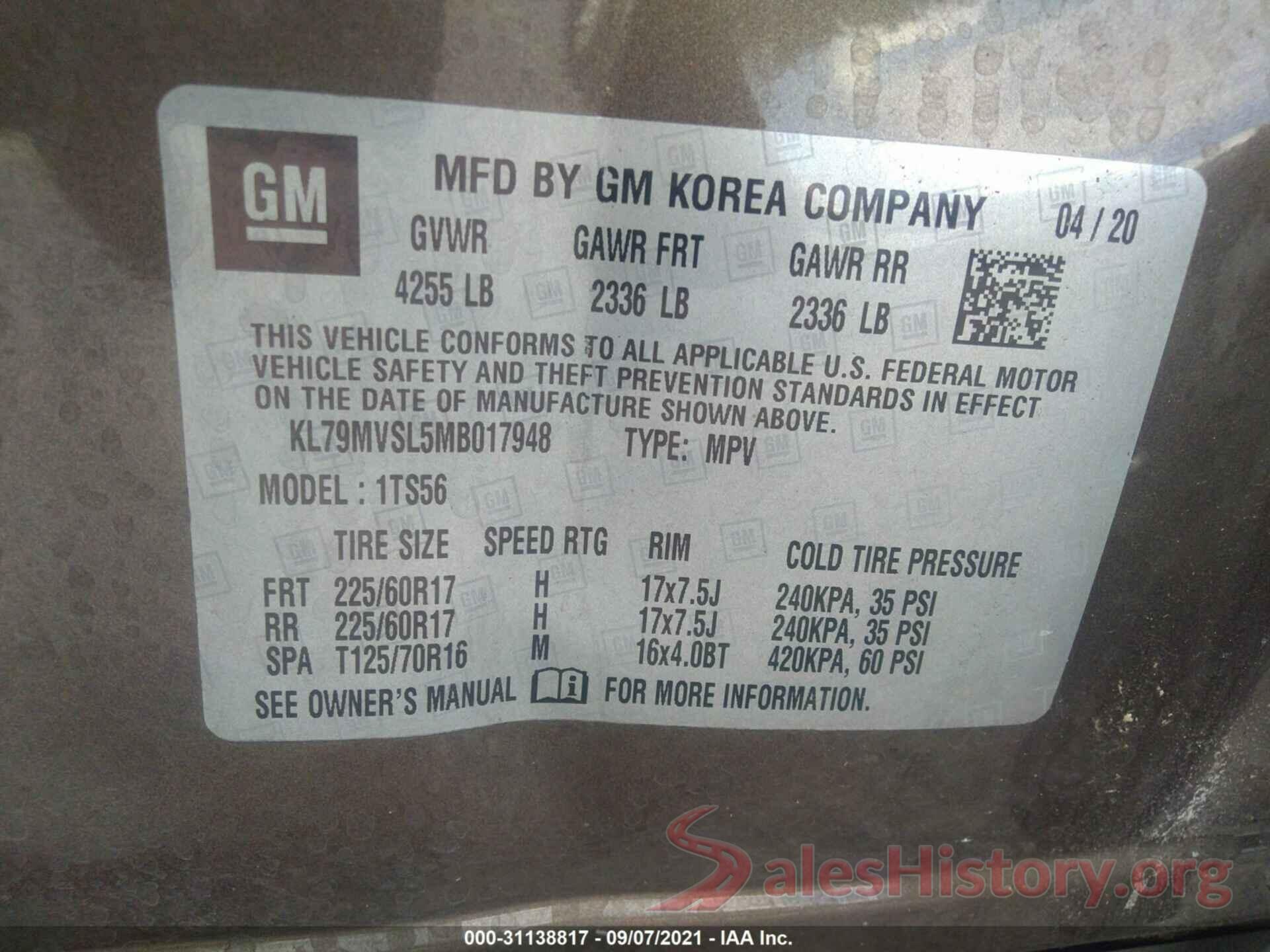 KL79MVSL5MB017948 2021 CHEVROLET TRAILBLAZER