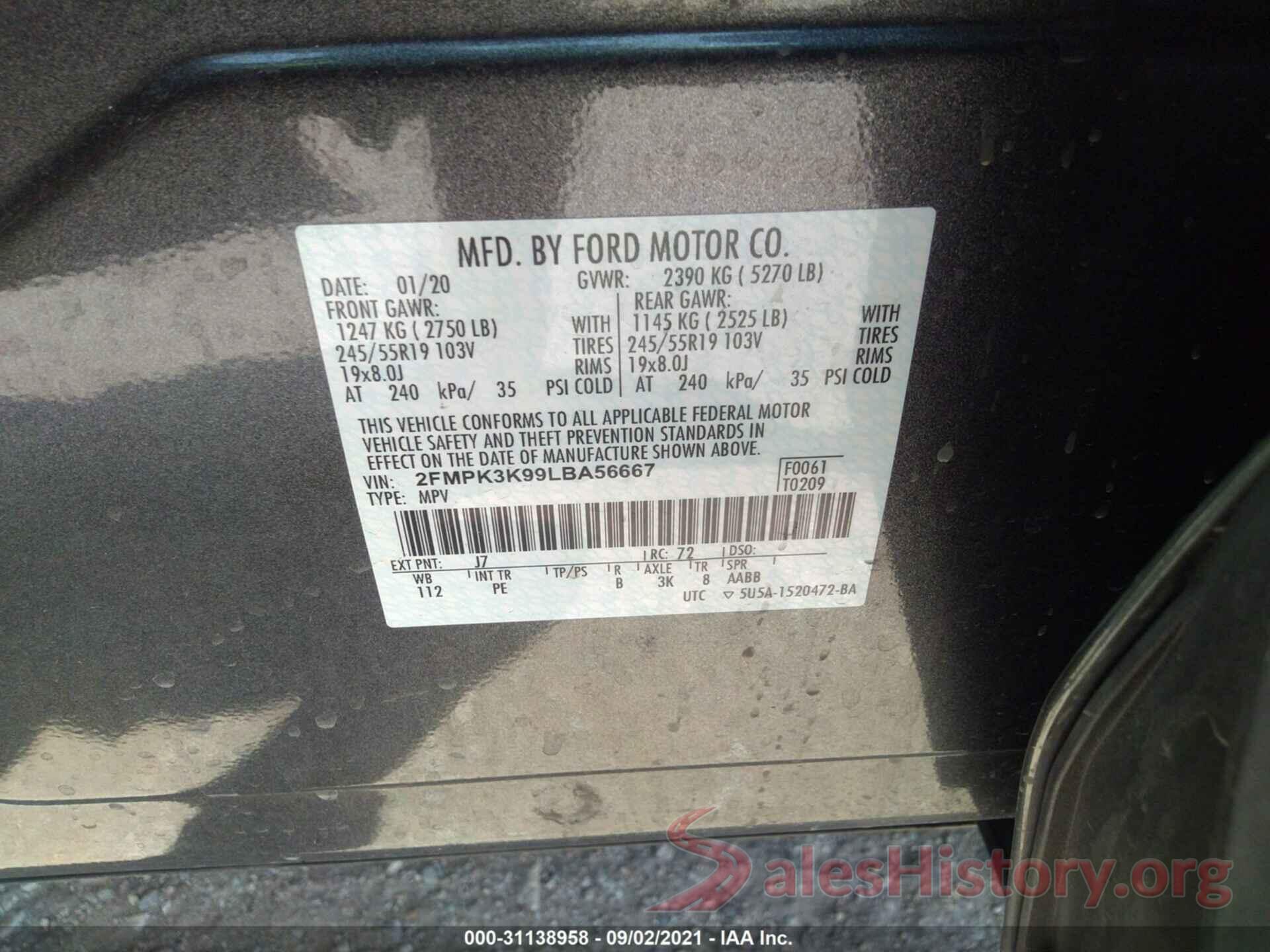 2FMPK3K99LBA56667 2020 FORD EDGE