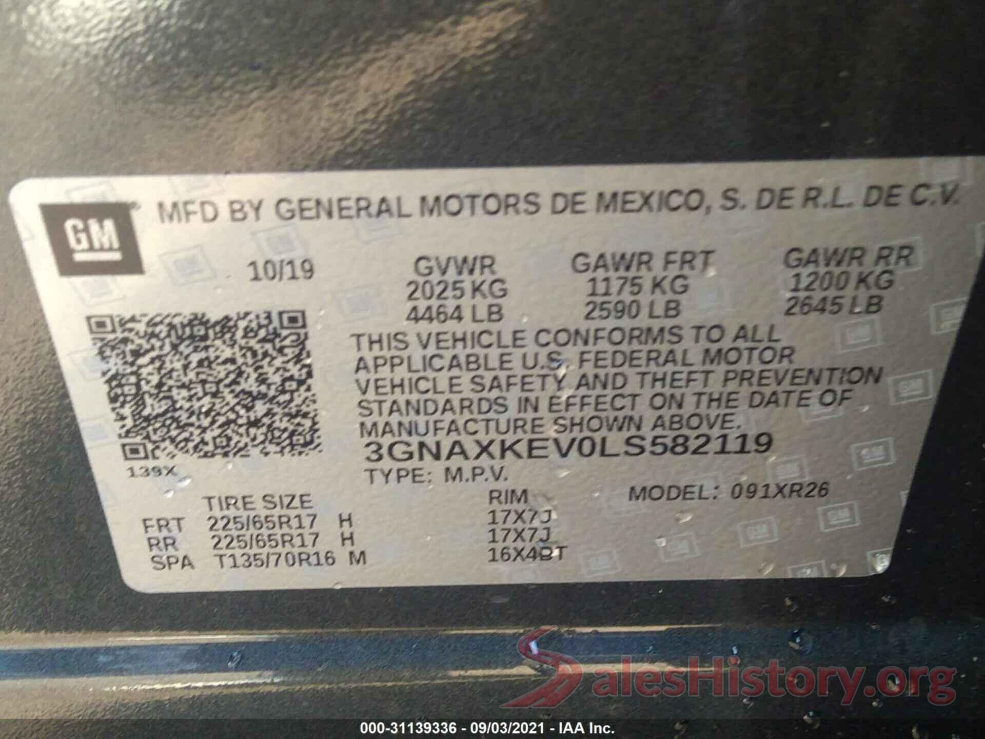 3GNAXKEV0LS582119 2020 CHEVROLET EQUINOX