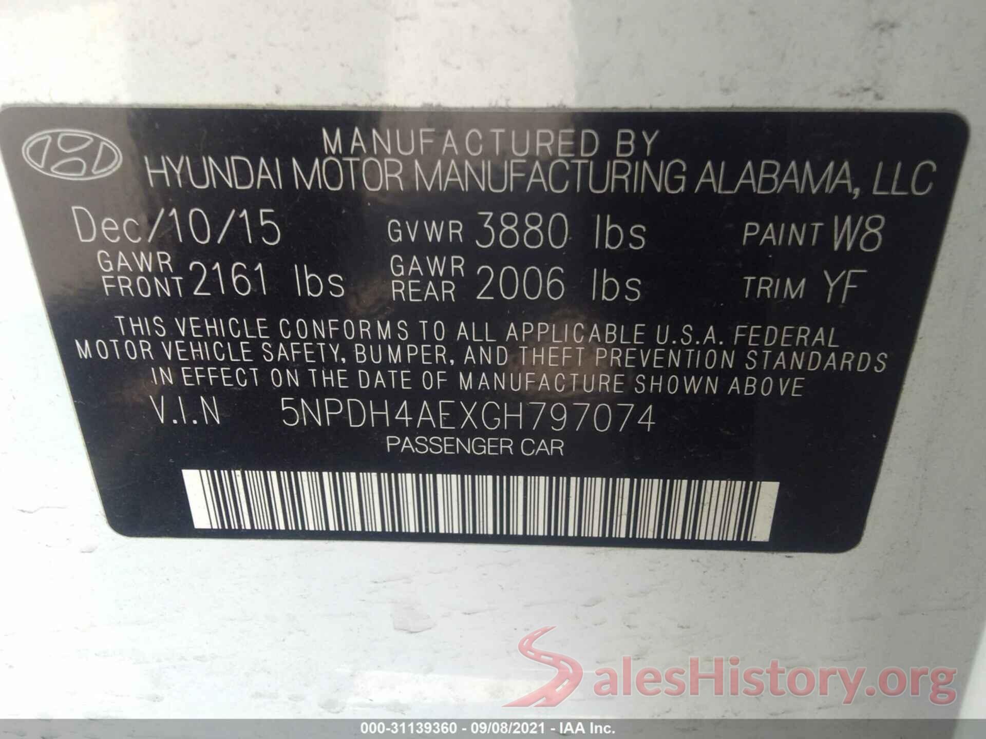 5NPDH4AEXGH797074 2016 HYUNDAI ELANTRA