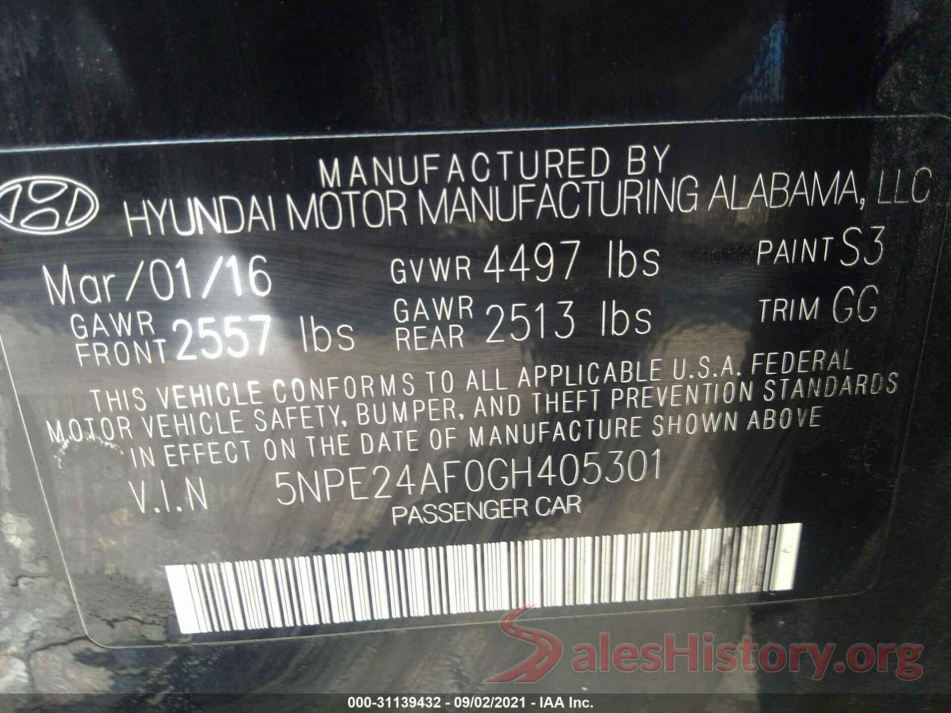 5NPE24AF0GH405301 2016 HYUNDAI SONATA