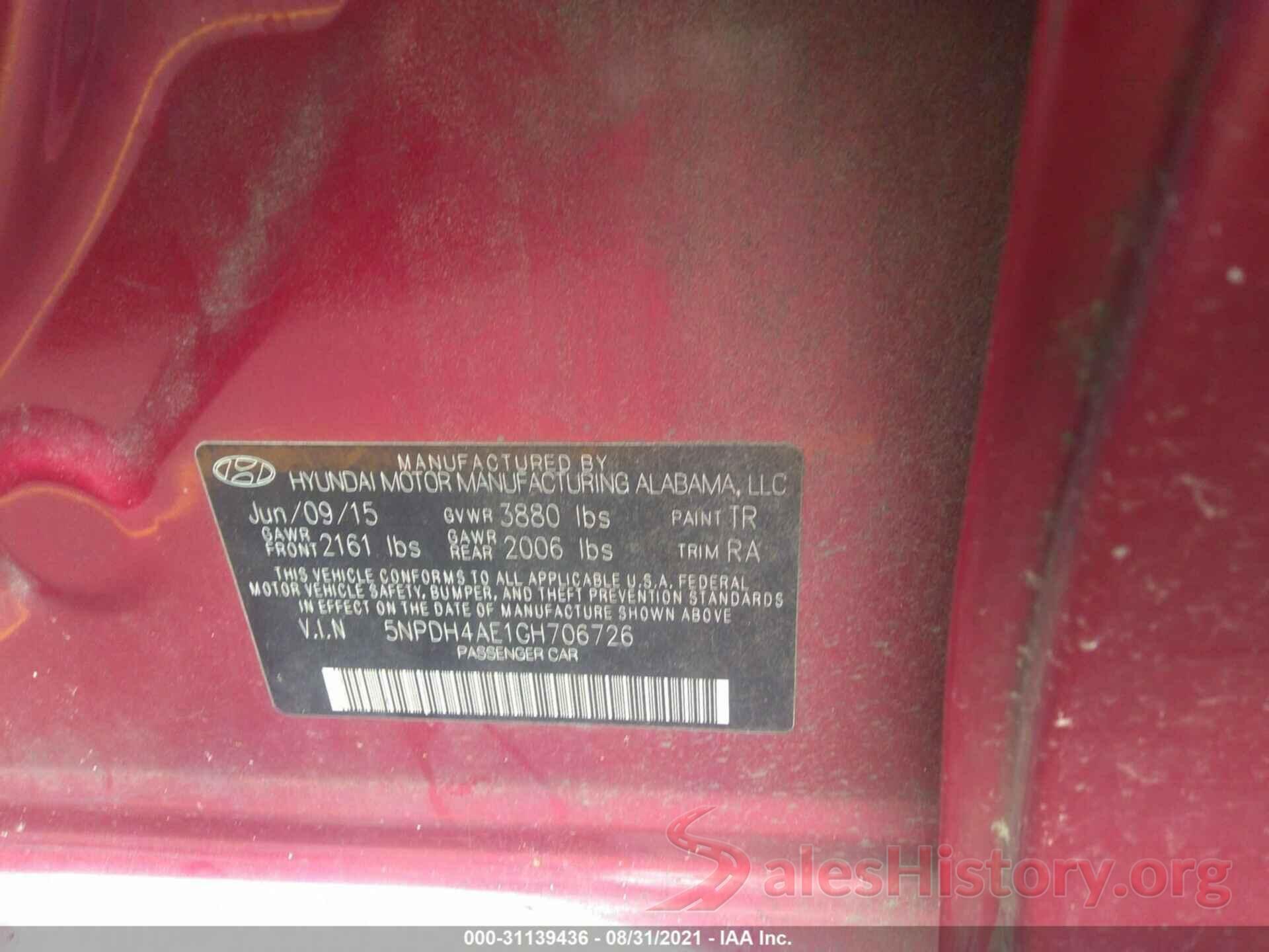 5NPDH4AE1GH706726 2016 HYUNDAI ELANTRA