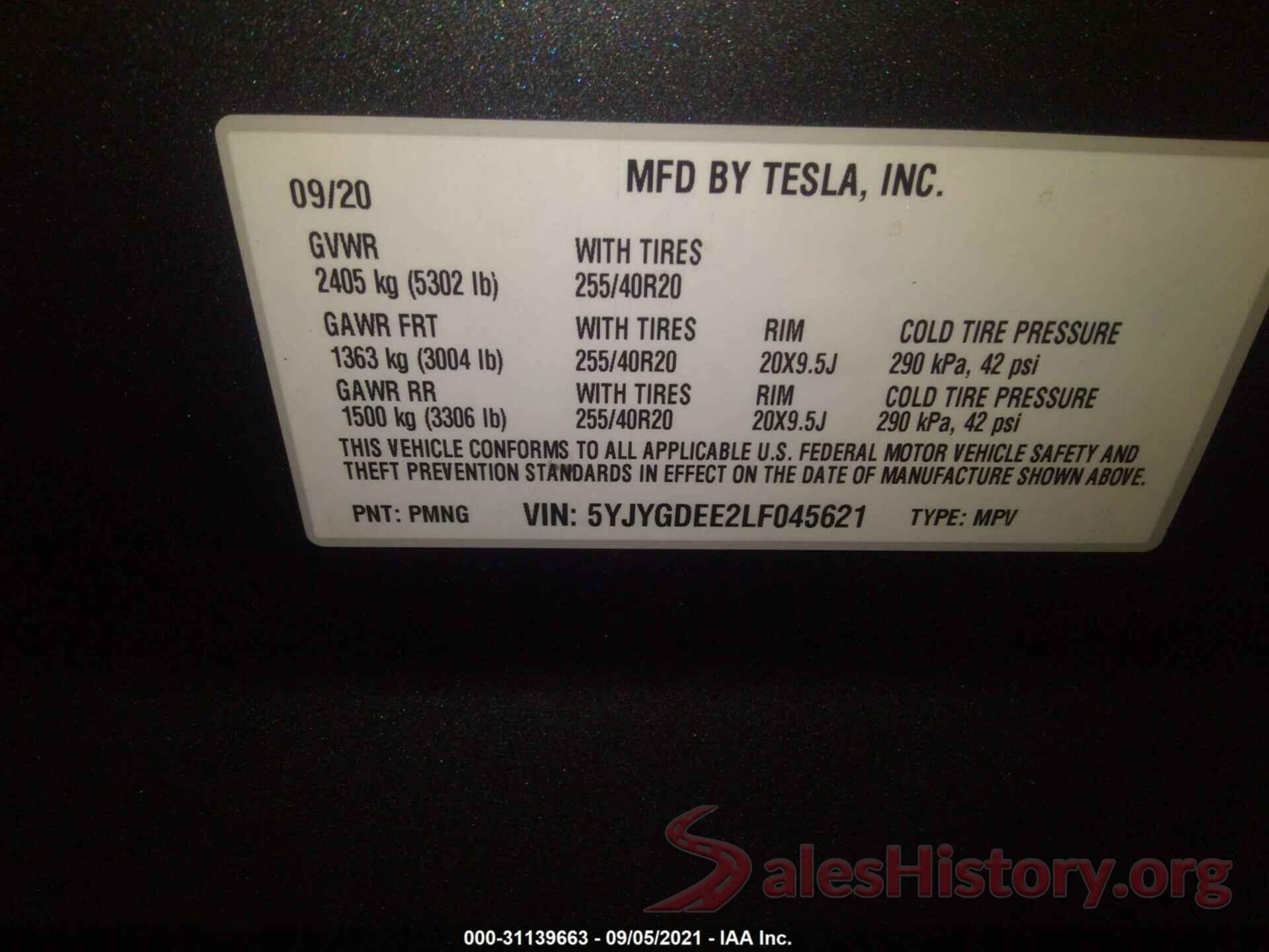 5YJYGDEE2LF045621 2020 TESLA MODEL Y