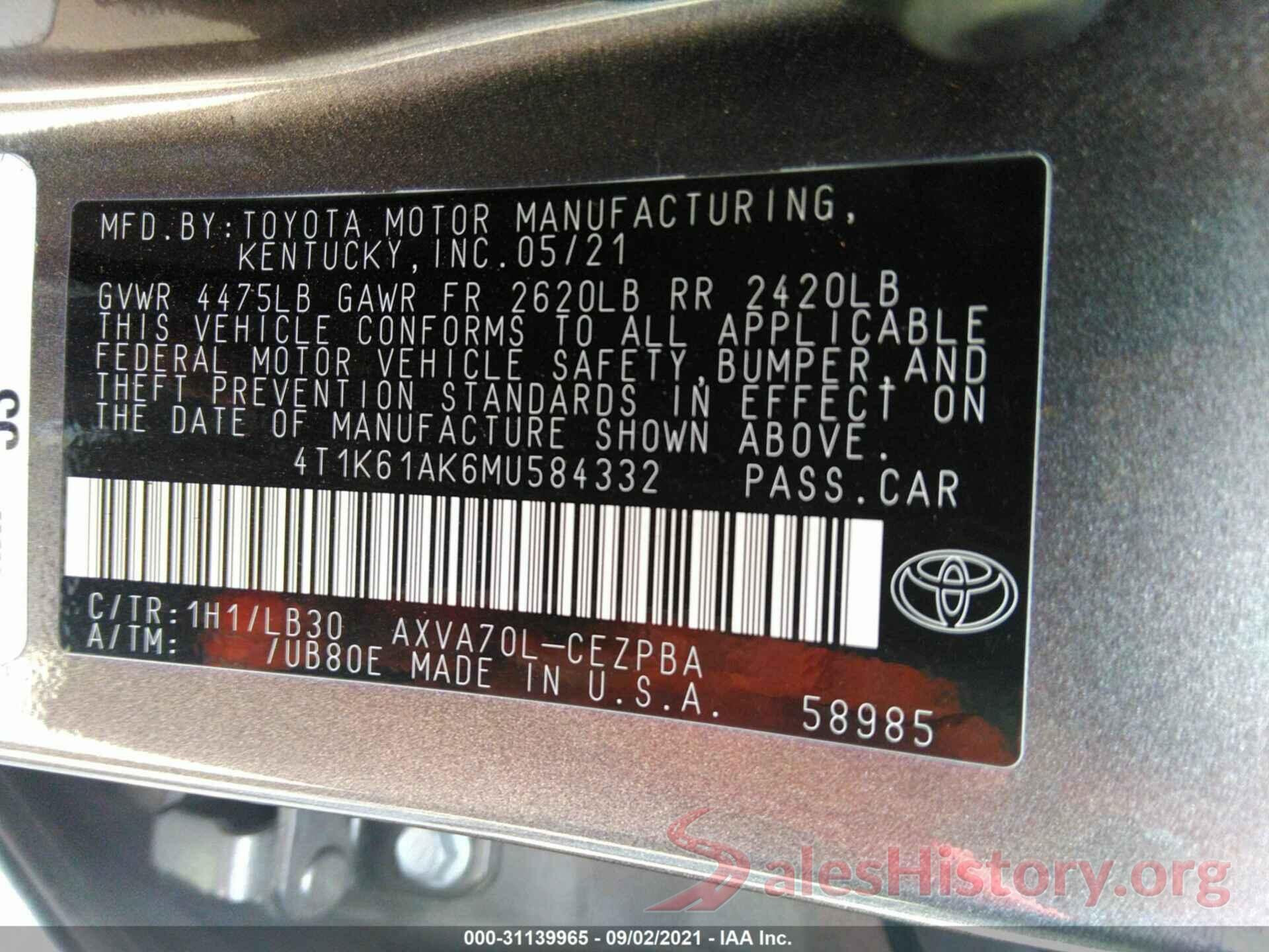 4T1K61AK6MU584332 2021 TOYOTA CAMRY