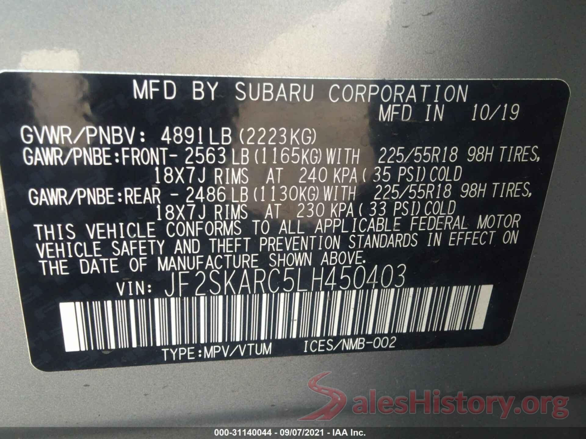 JF2SKARC5LH450403 2020 SUBARU FORESTER