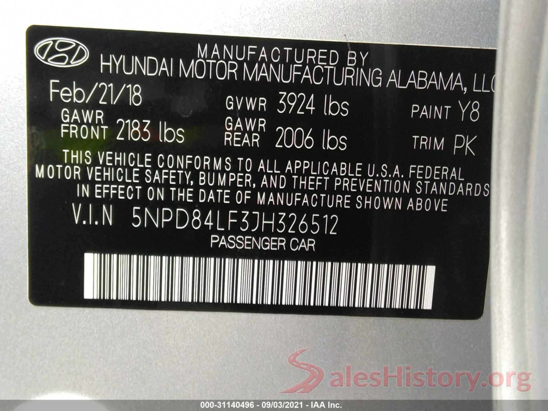 5NPD84LF3JH326512 2018 HYUNDAI ELANTRA