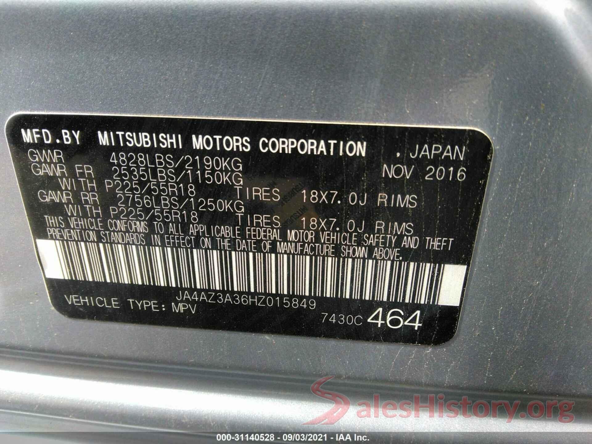 JA4AZ3A36HZ015849 2017 MITSUBISHI OUTLANDER