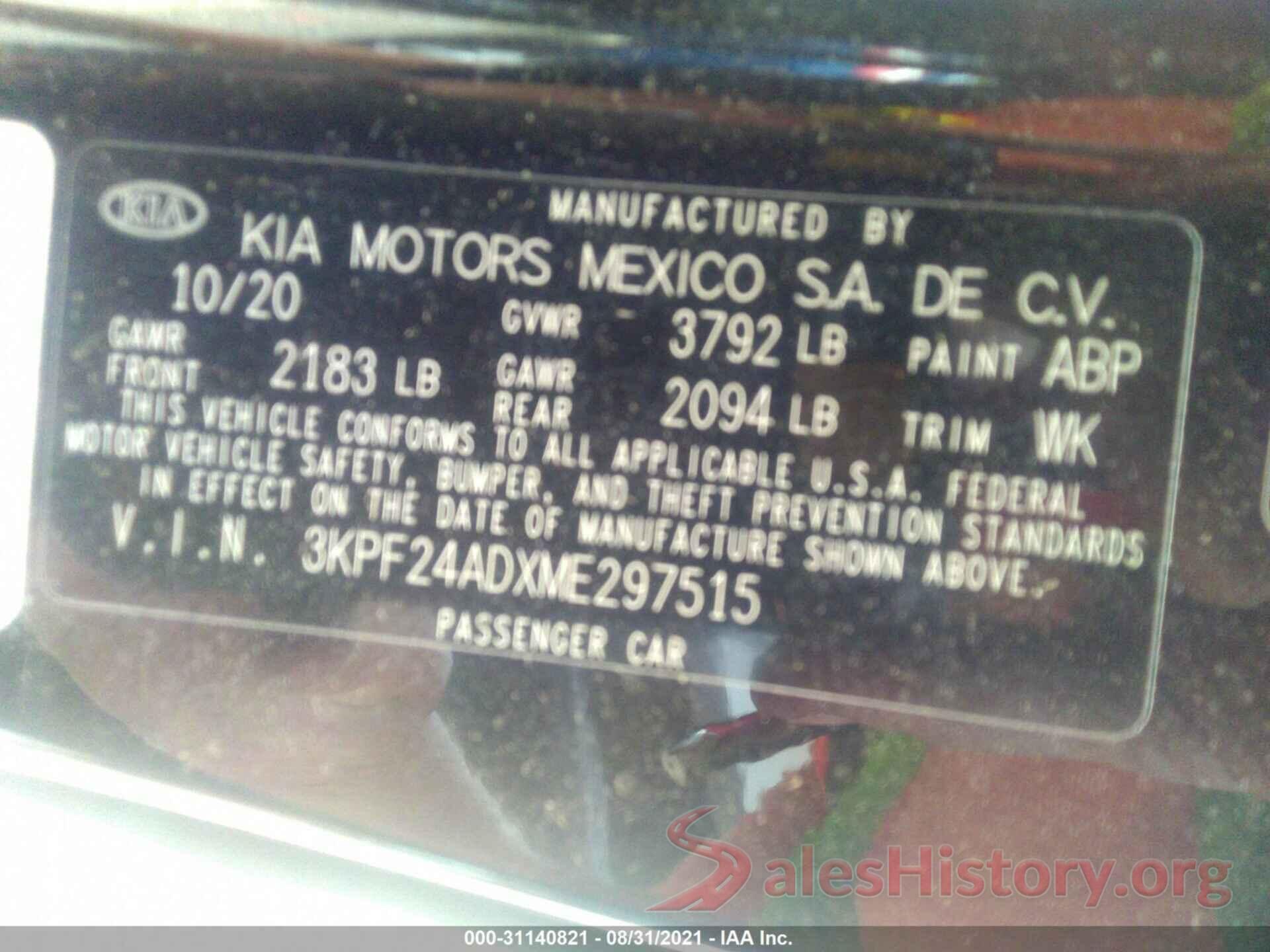 3KPF24ADXME297515 2021 KIA FORTE